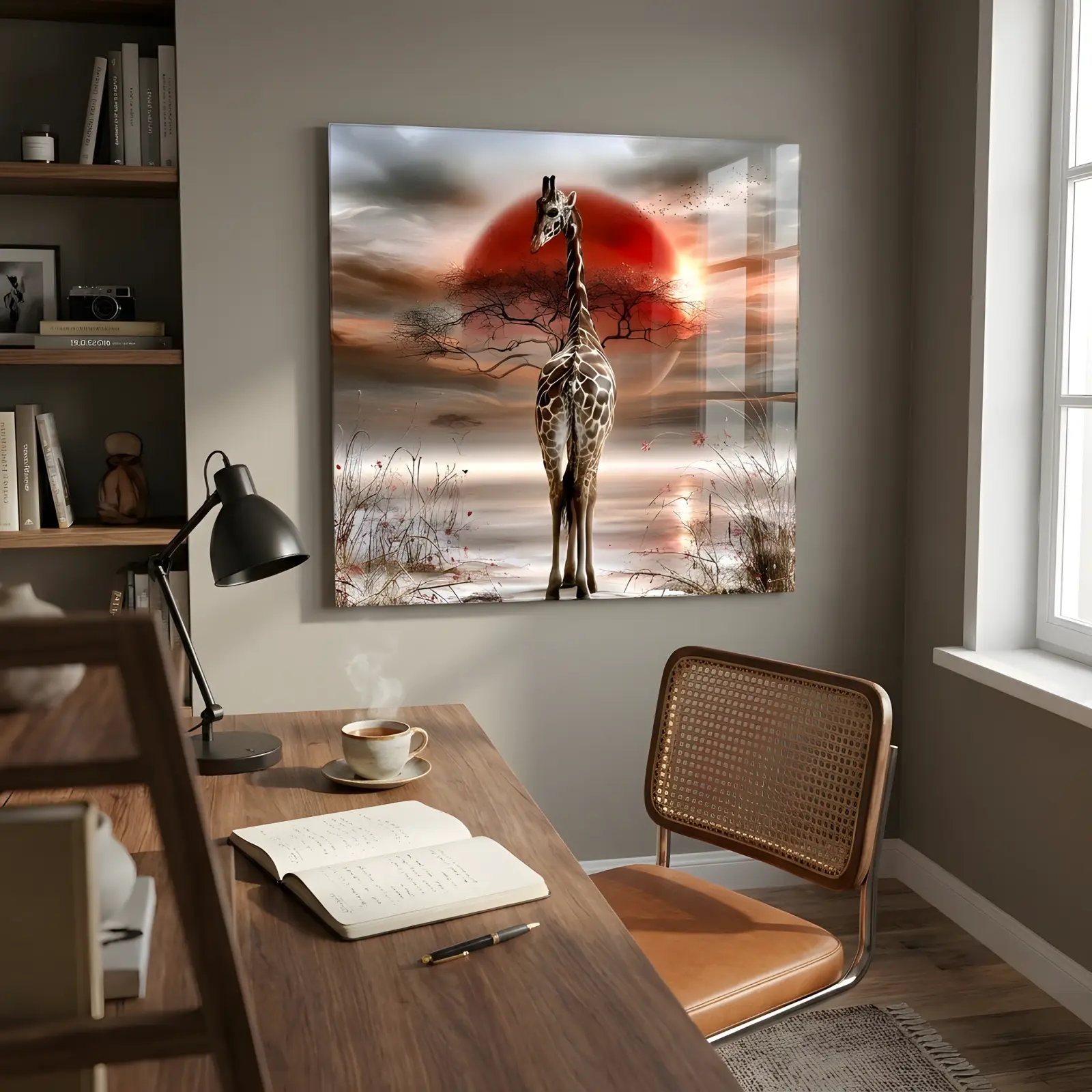Giraffe Safari Wall Art Red Sun Savanna Scene | Glass Wall Art — 2