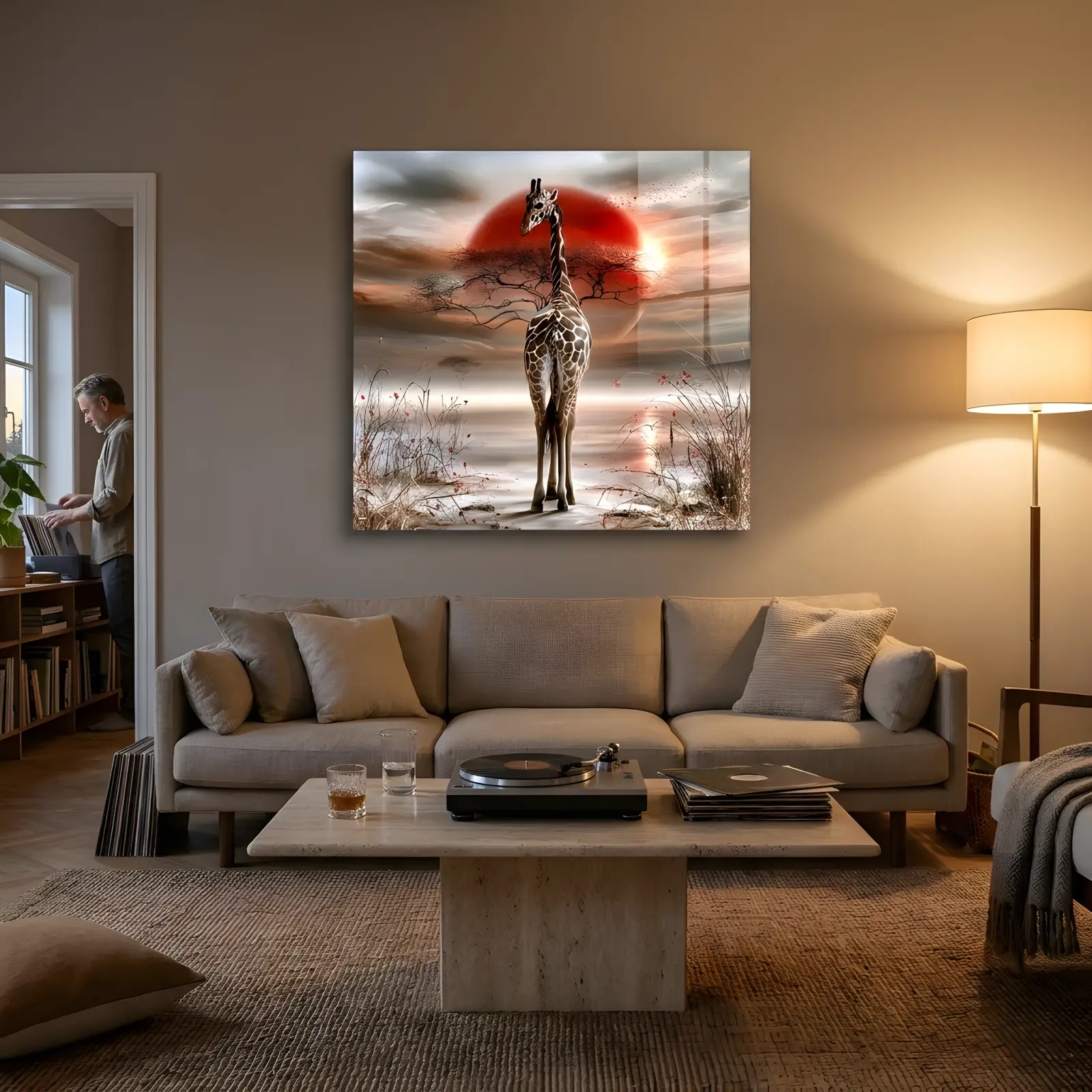 Giraffe Safari Wall Art Red Sun Savanna Scene | Glass Wall Art — 3
