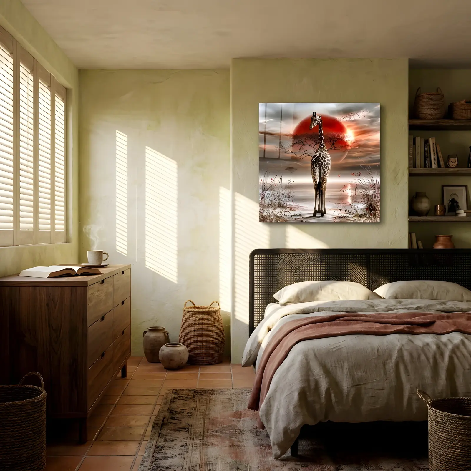 Giraffe Safari Wall Art Red Sun Savanna Scene | Glass Wall Art — 4