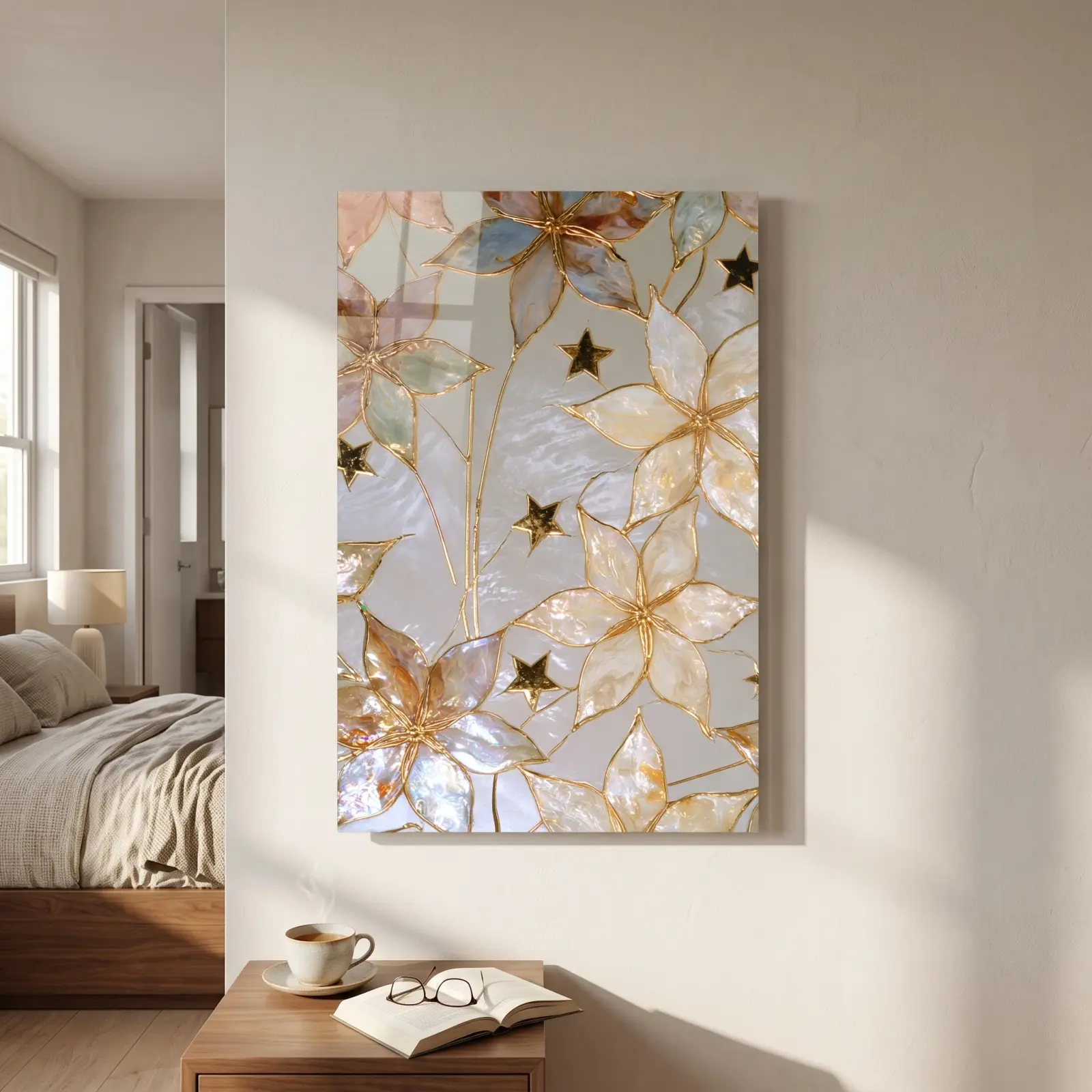 Gold Floral Stained Glass Style Pearl Blossom | Glass Wall Art