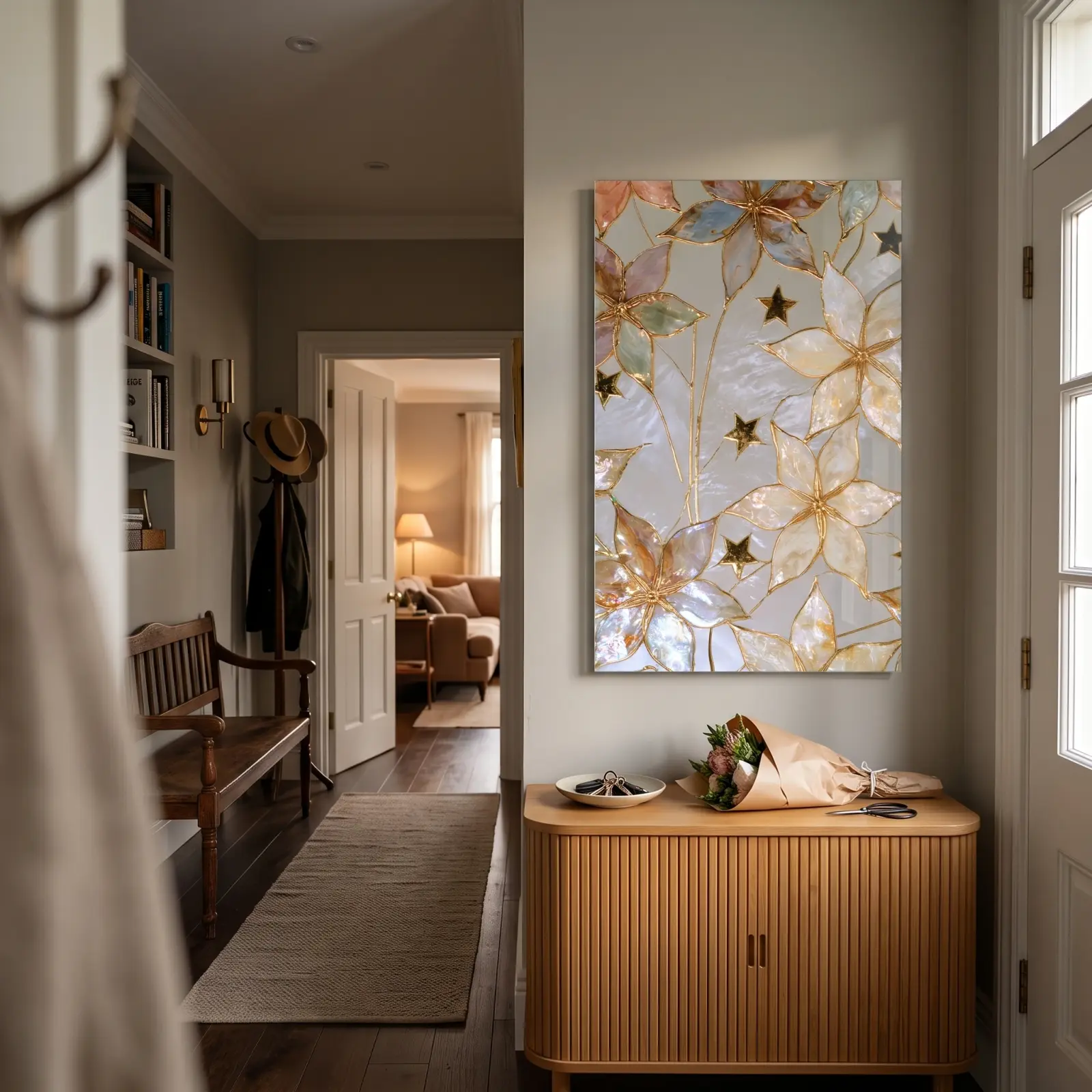 Gold Floral Stained Glass Style Pearl Blossom | Glass Wall Art — 2