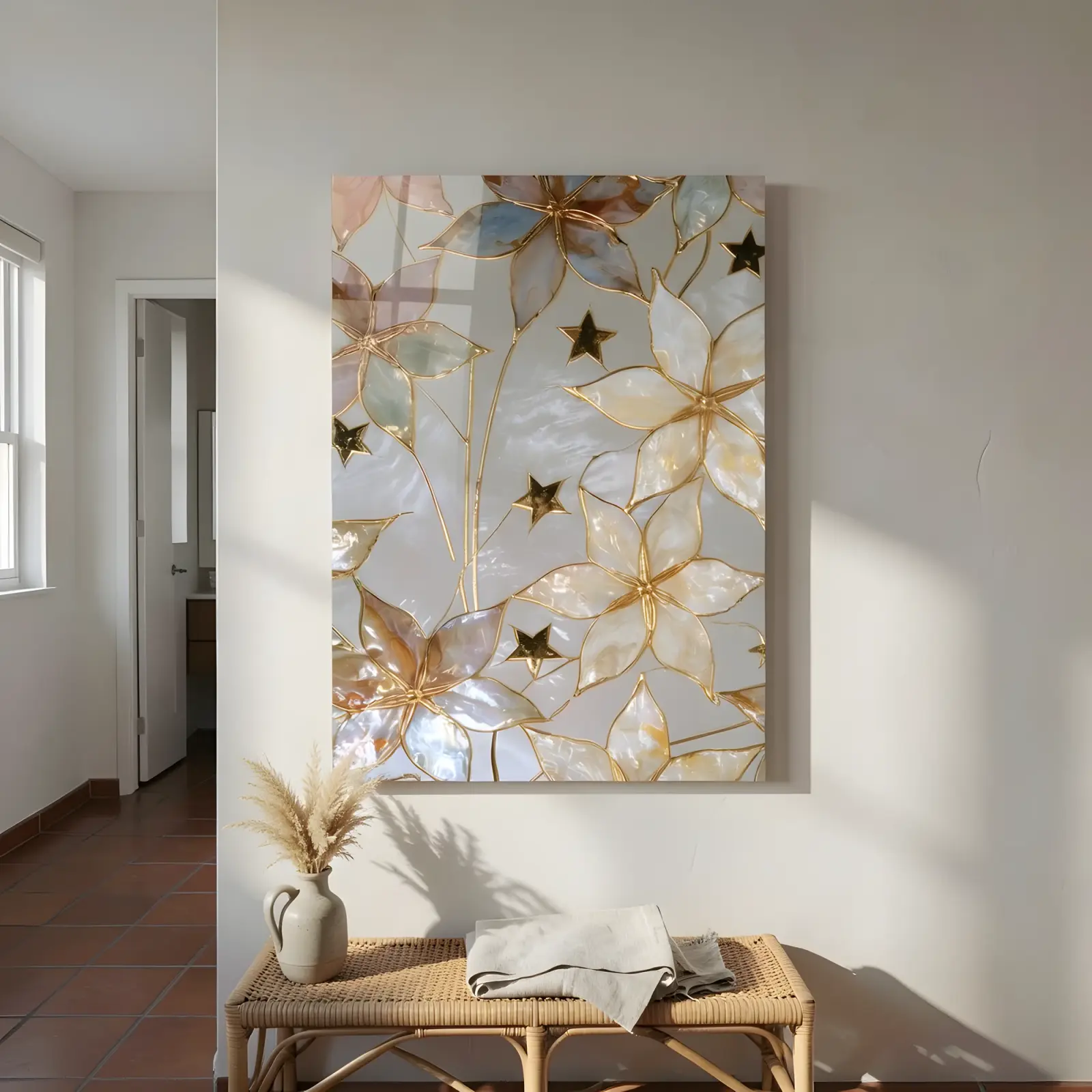Gold Floral Stained Glass Style Pearl Blossom | Glass Wall Art — 4