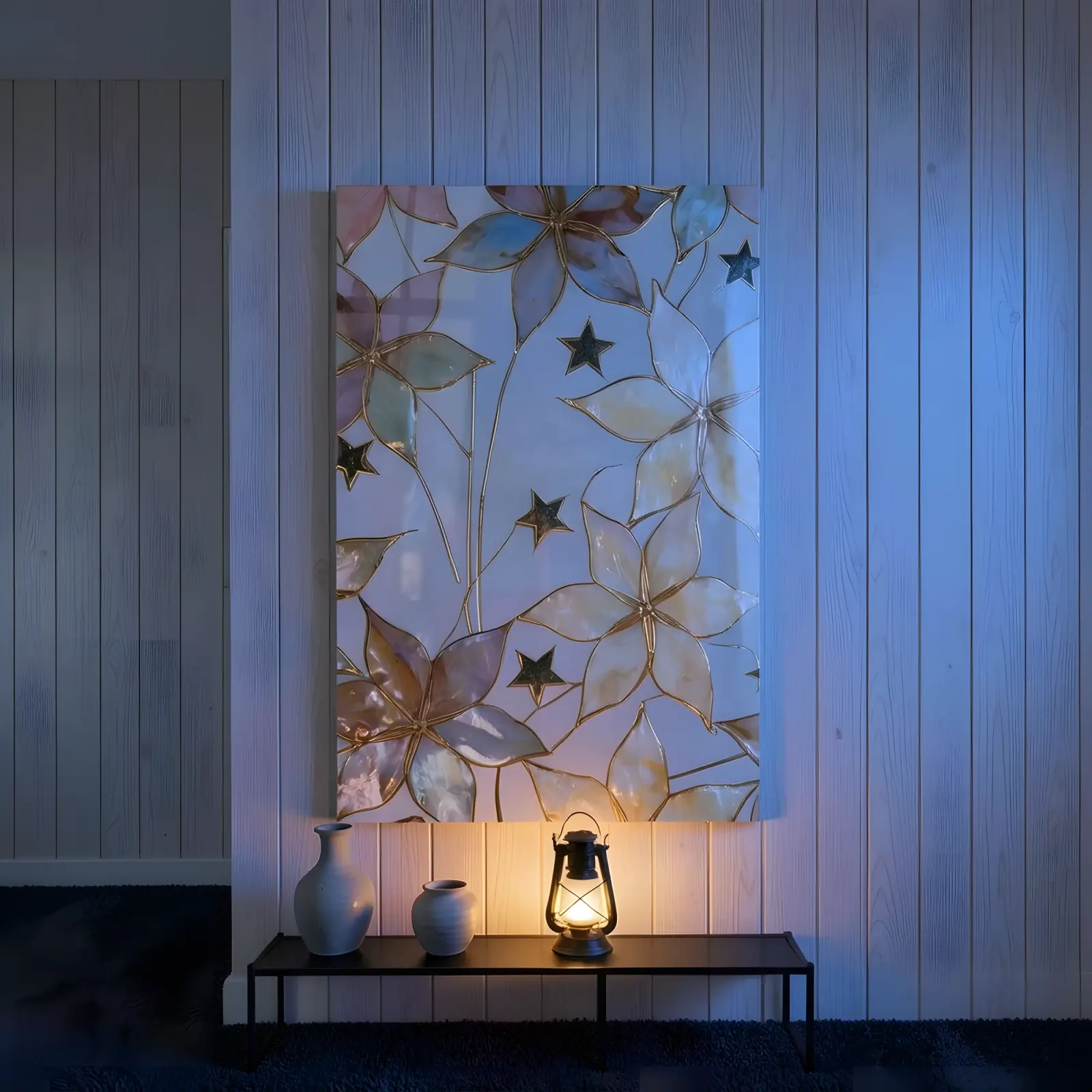 Gold Floral Stained Glass Style Pearl Blossom | Glass Wall Art — 5
