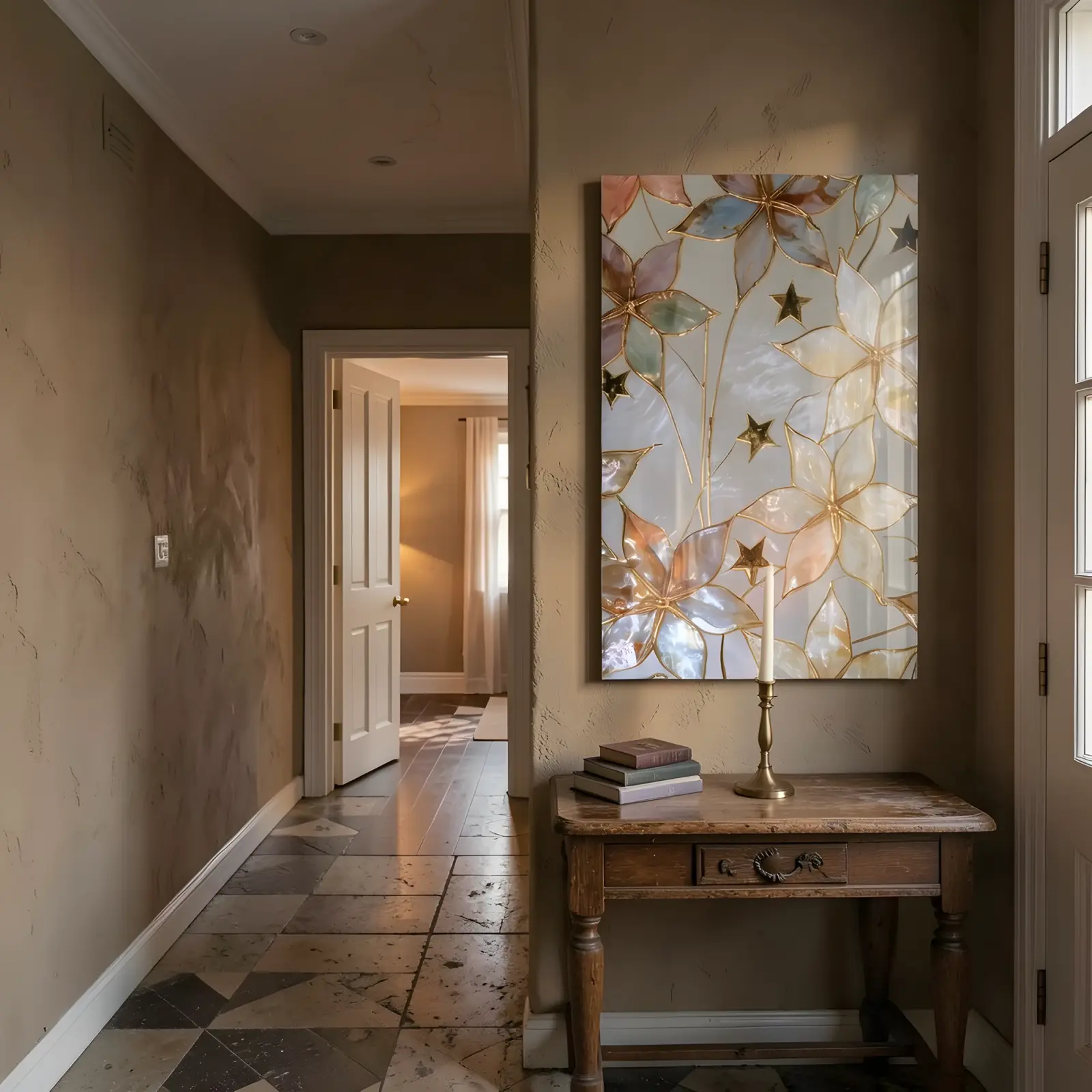 Gold Floral Stained Glass Style Pearl Blossom | Glass Wall Art — 7