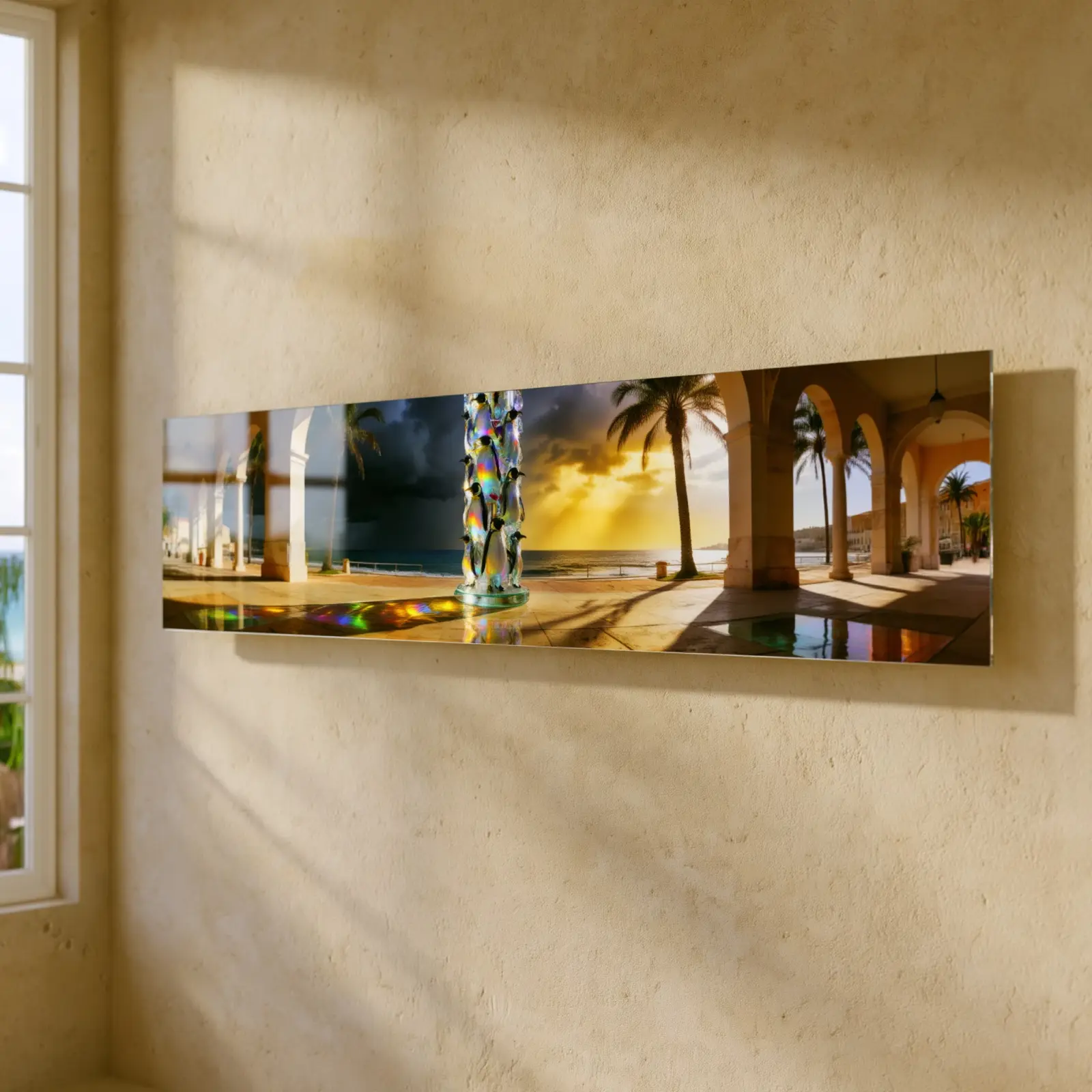 Penguin Seaside Sunset Panoramic Colonnade Scene | Glass Wall Art