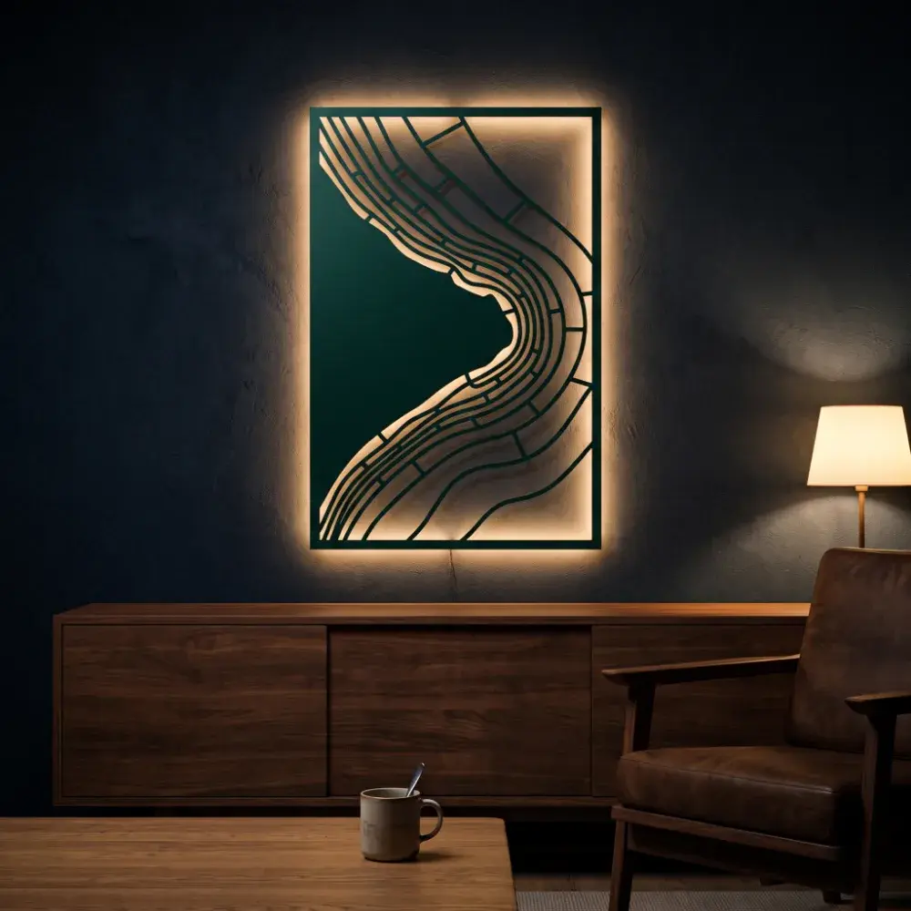 Abstract Wave Metal Wall Art LED Backlit – Tidal Drift, Modern Living Room Decor