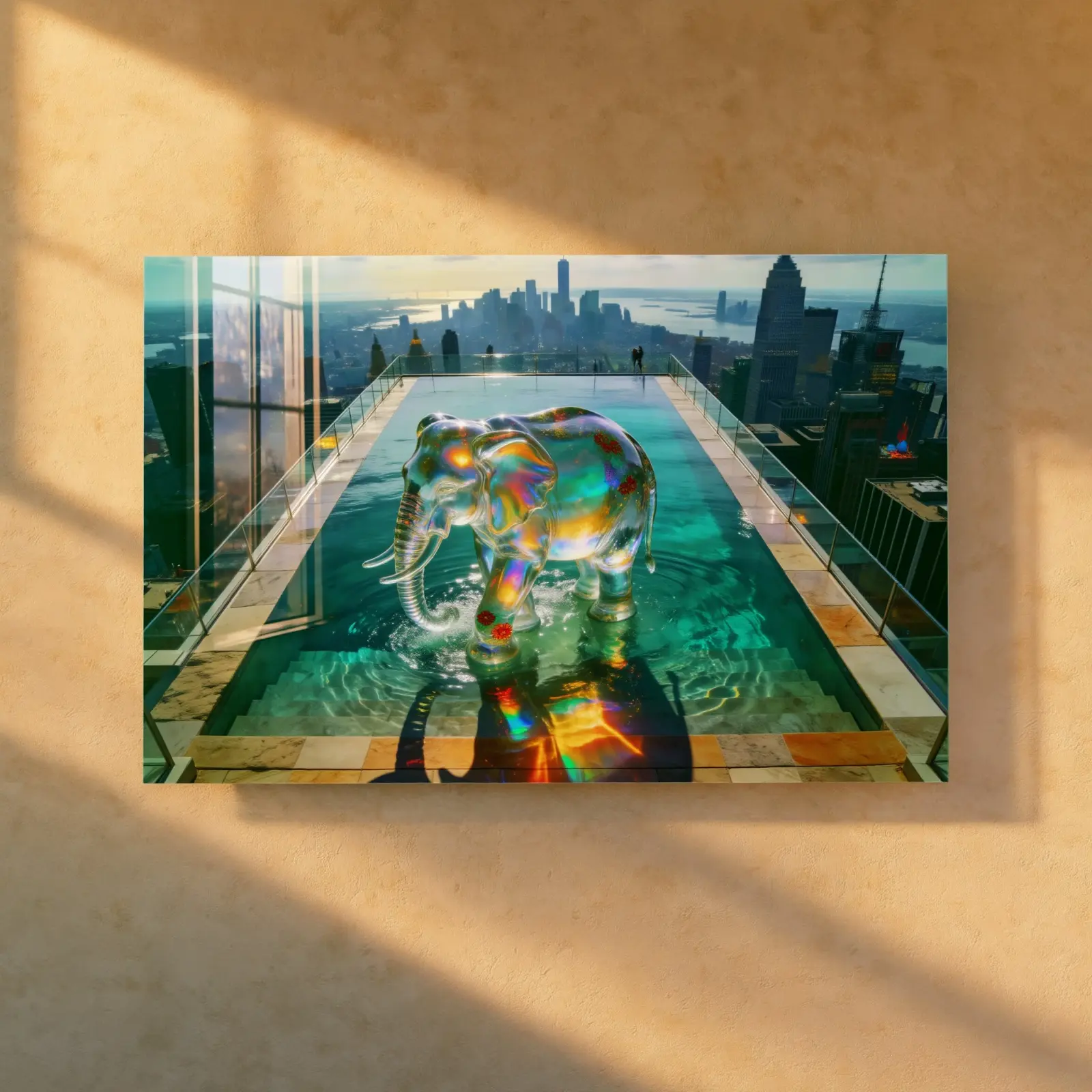 Crystal Elephant Rooftop Pool City Skyline | Glass Wall Art