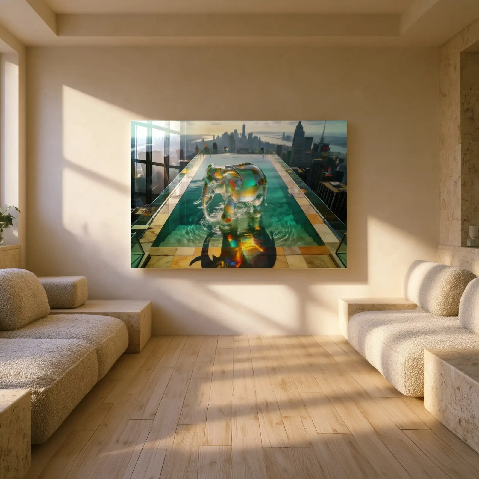 Crystal Elephant Rooftop Pool City Skyline | Glass Wall Art — 3