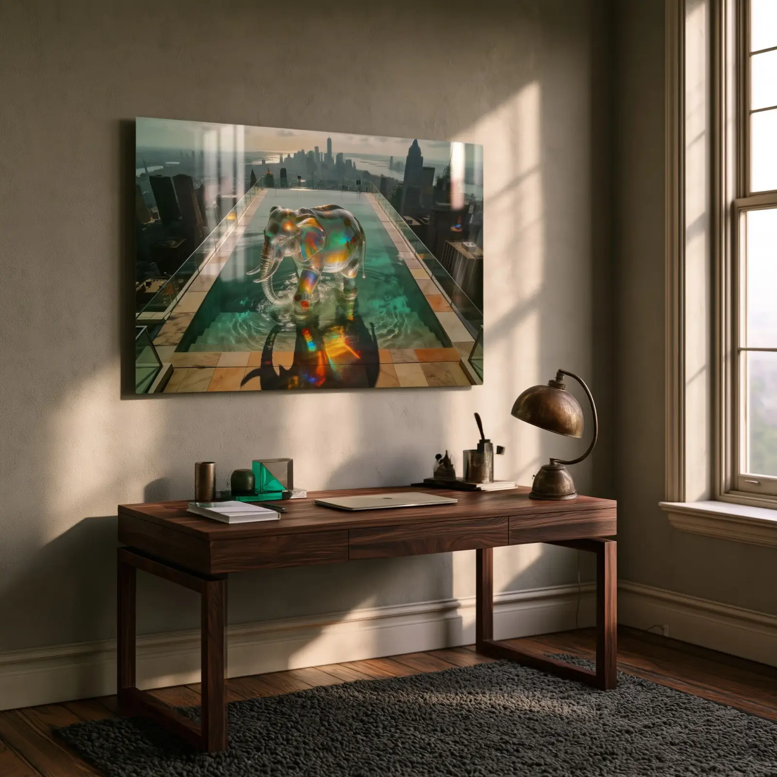 Crystal Elephant Rooftop Pool City Skyline | Glass Wall Art — 4
