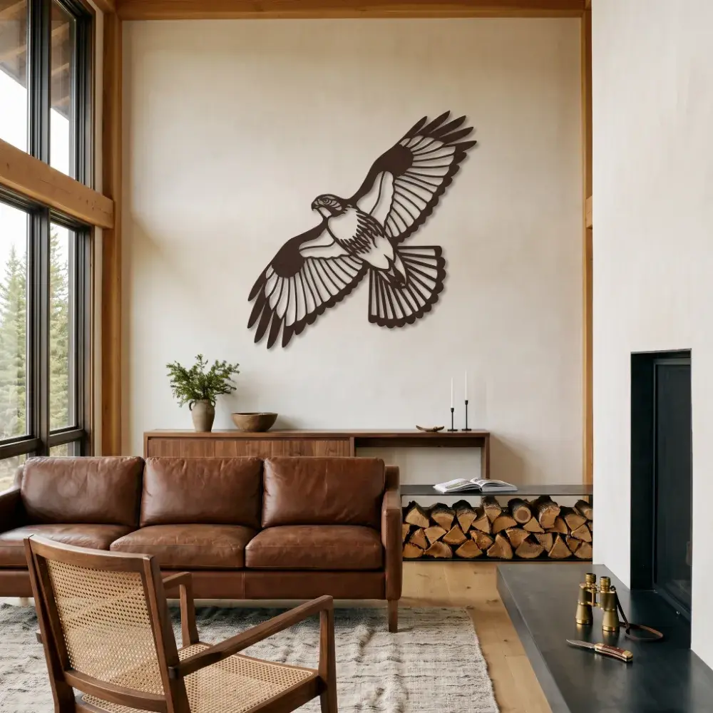 Flying Hawk Metal Rustic Wall Art – Thermal Rise, Lodge Living Room Decor
