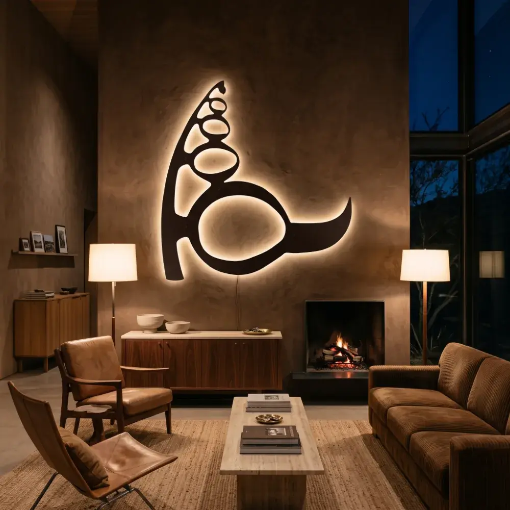 Abstract Calligraphy Metal Wall Art – Ink Cadence, LED Backlit Living Room Decor