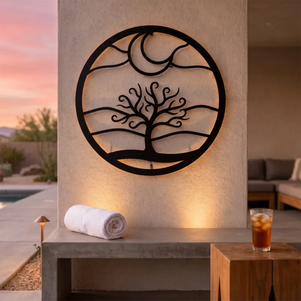 Tree of Life Metal Circle Wall Art – Midnight Grove, Moon Landscape Living Room Decor