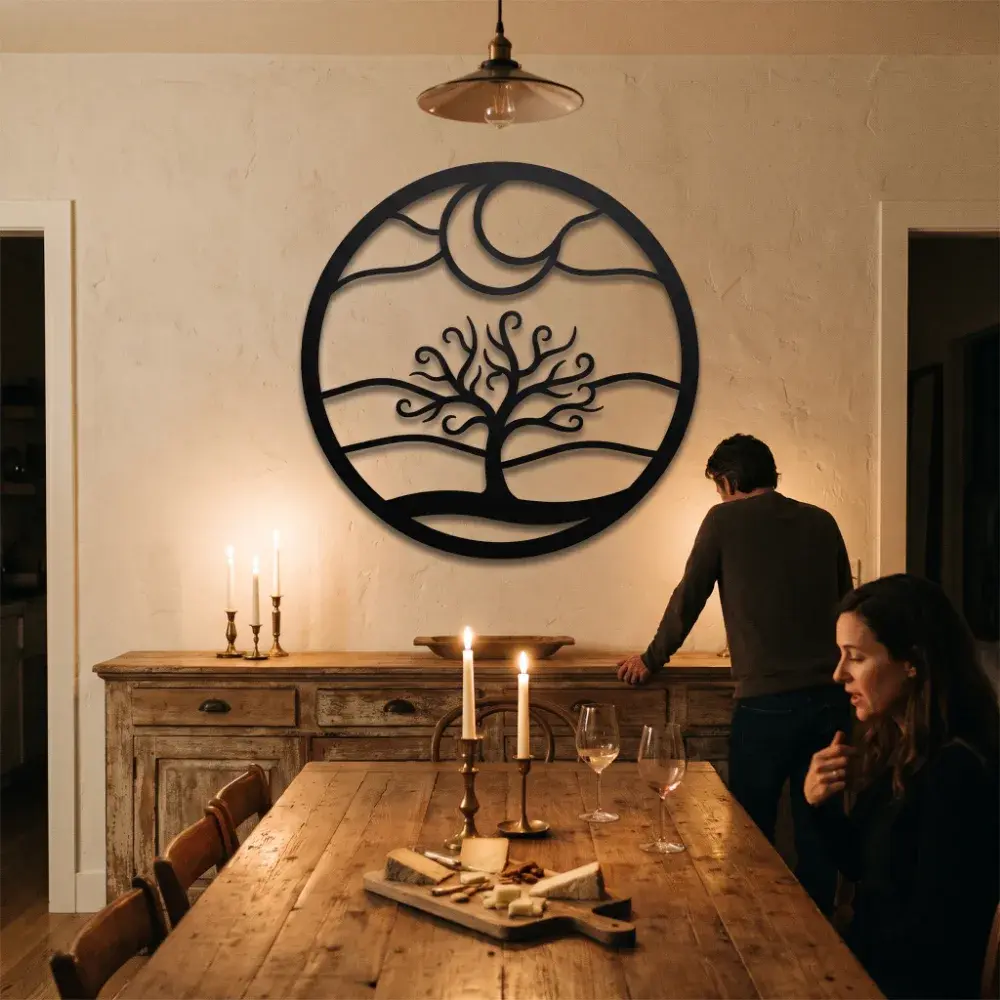 Tree of Life Metal Circle Wall Art – Midnight Grove, Moon Landscape Living Room Decor — 5