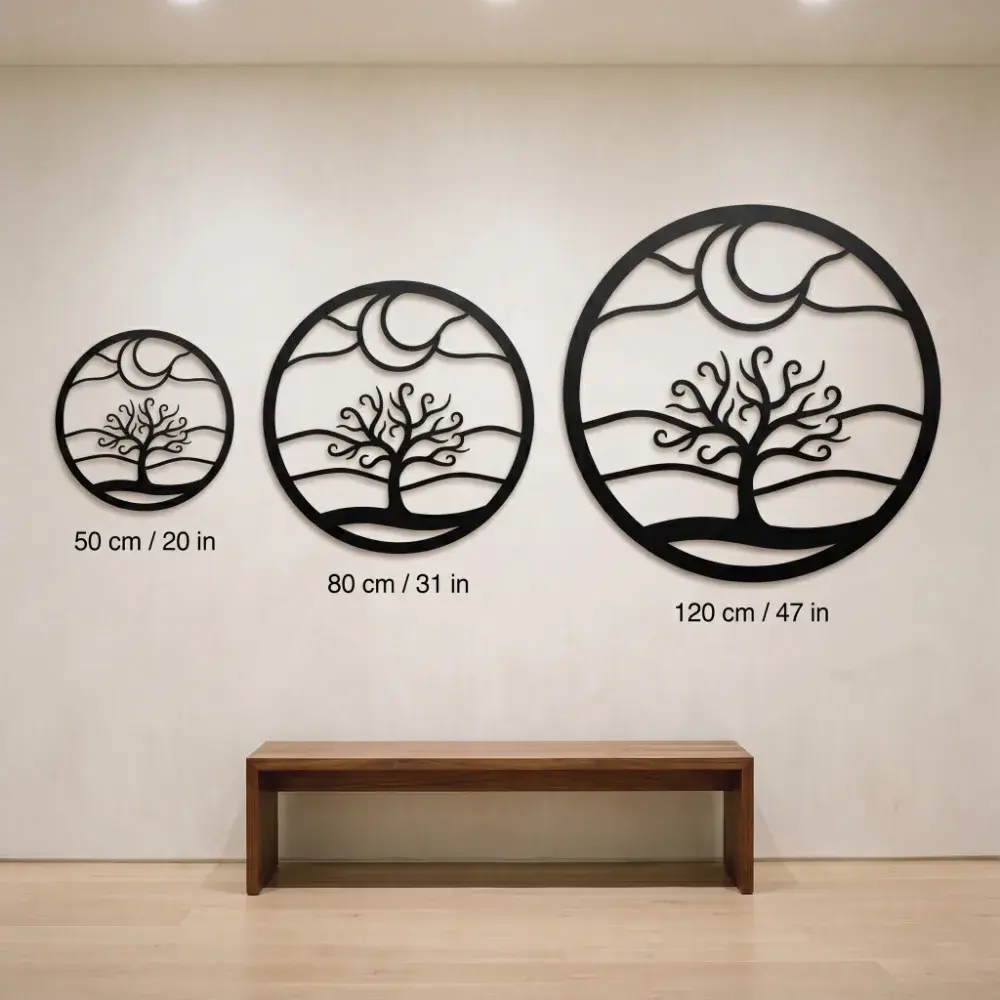 Tree of Life Metal Circle Wall Art – Midnight Grove, Moon Landscape Living Room Decor — 7
