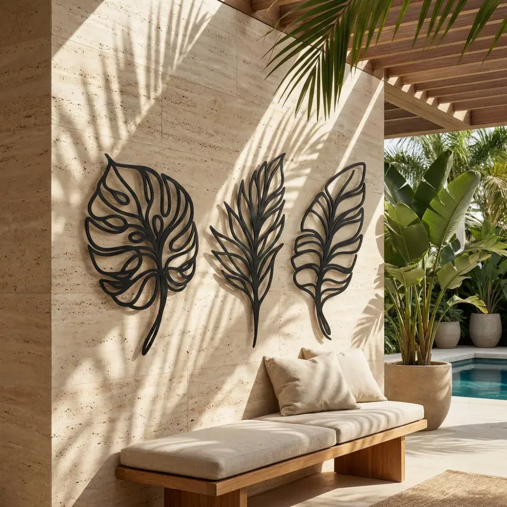 Tropical Leaf Metal Wall Art – Botanical Trio, Coastal Minimalist Decor — 7
