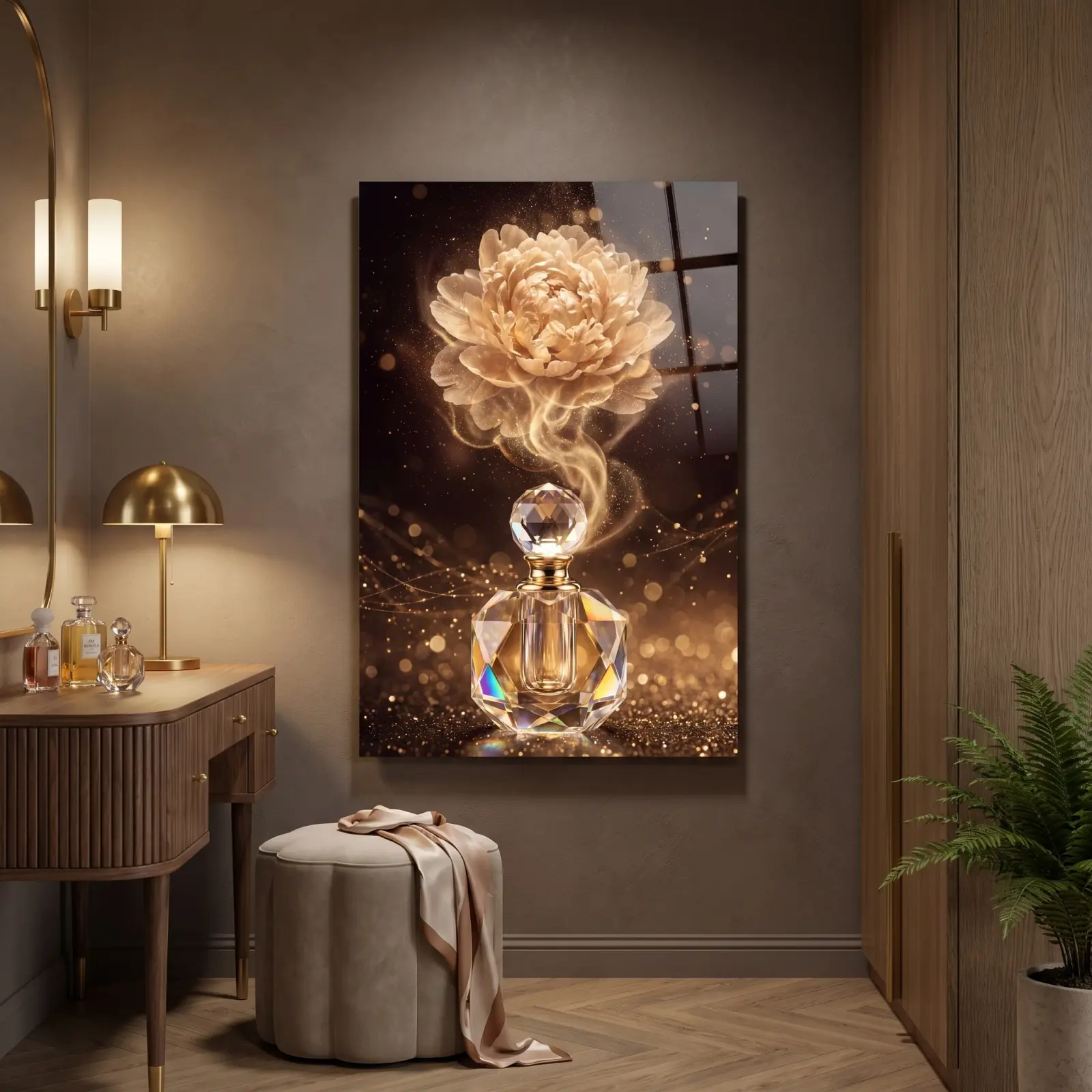 Perfume Bottle Glass Wall Art Gold Peony Bloom | Tempered Glass Print