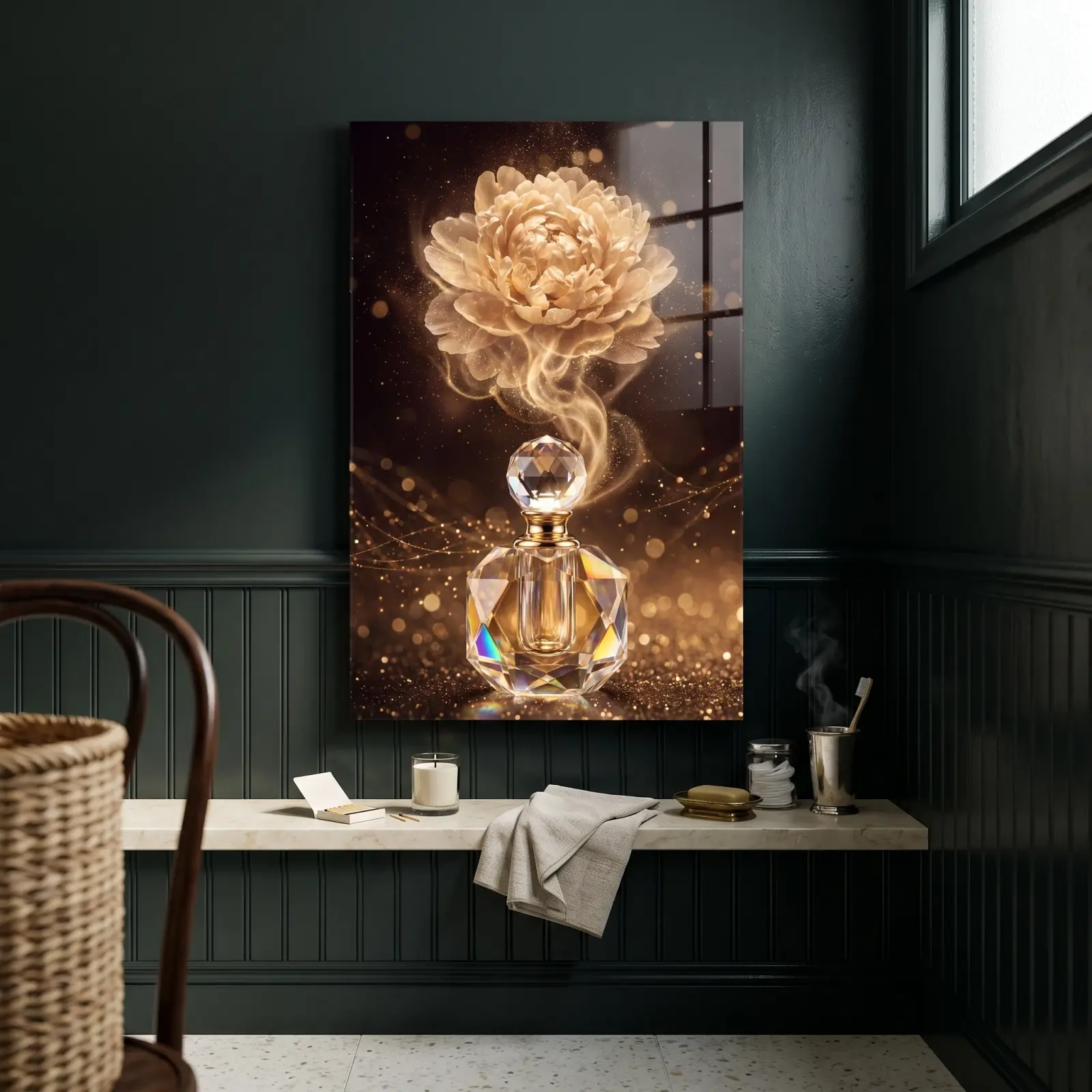 Perfume Bottle Glass Wall Art Gold Peony Bloom | Tempered Glass Print — 2
