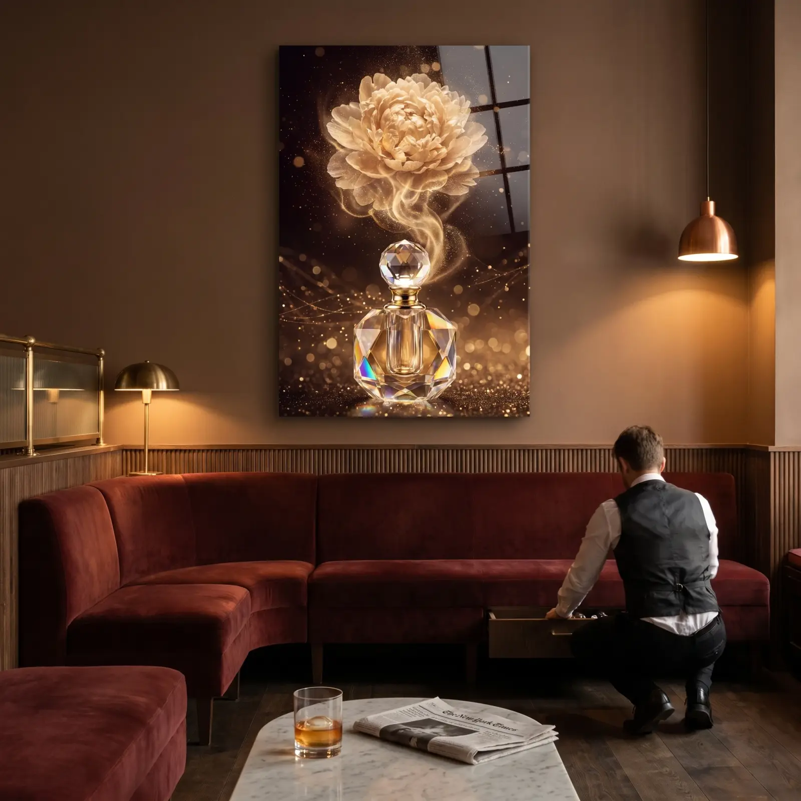 Perfume Bottle Glass Wall Art Gold Peony Bloom | Tempered Glass Print — 3