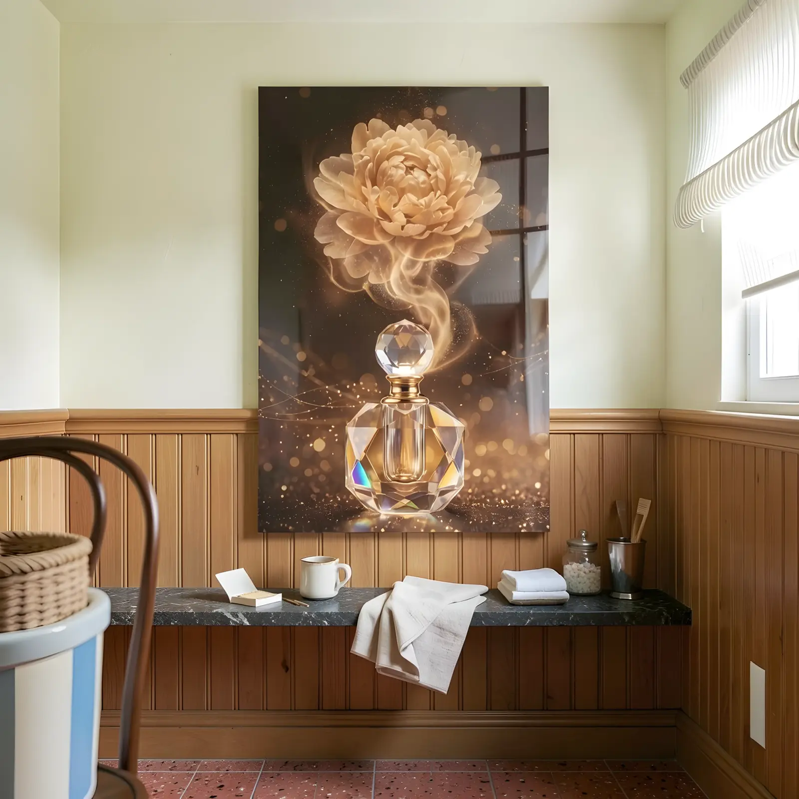 Perfume Bottle Glass Wall Art Gold Peony Bloom | Tempered Glass Print — 6