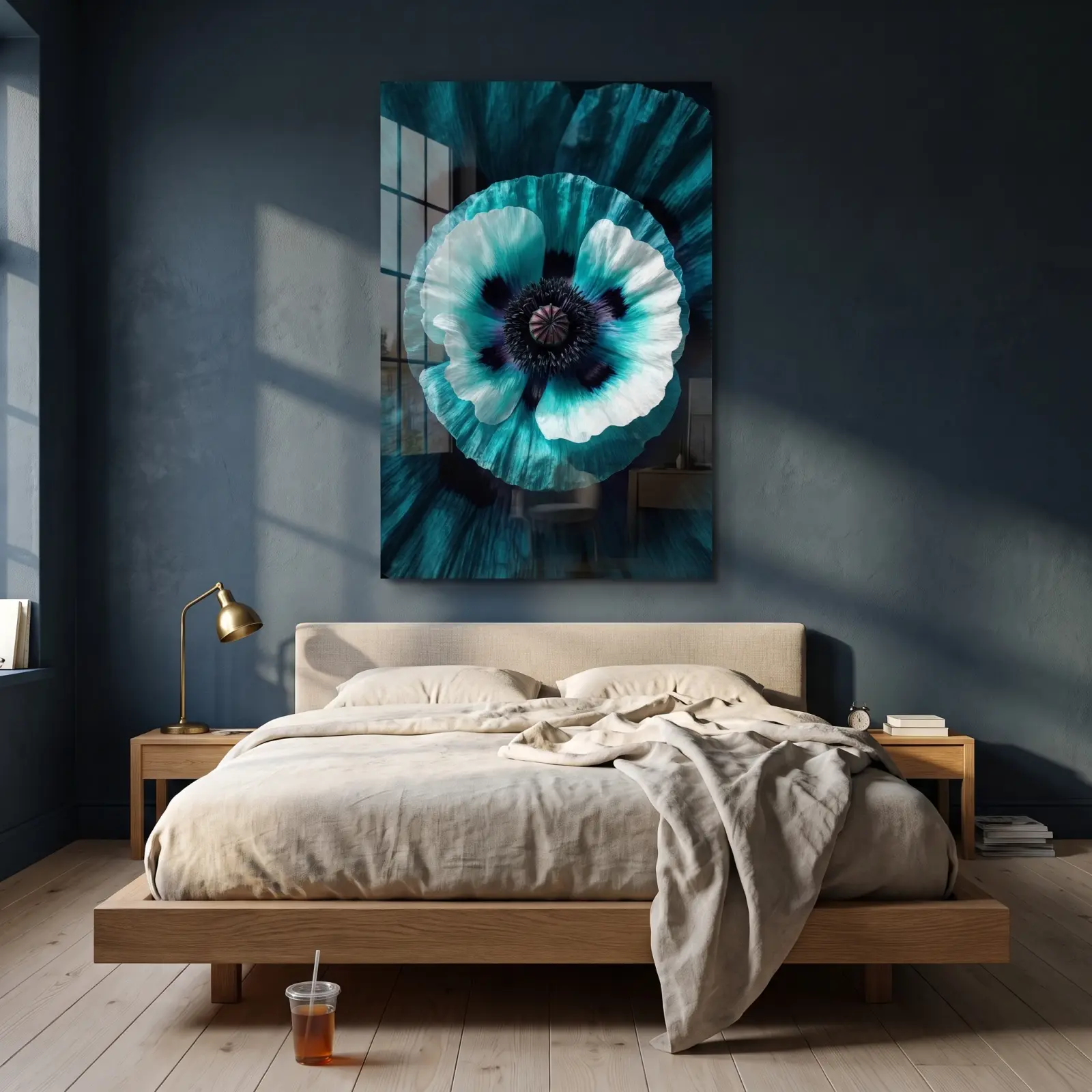 Teal Poppy Flower Macro Botanical Wall Art | Glass Wall Art