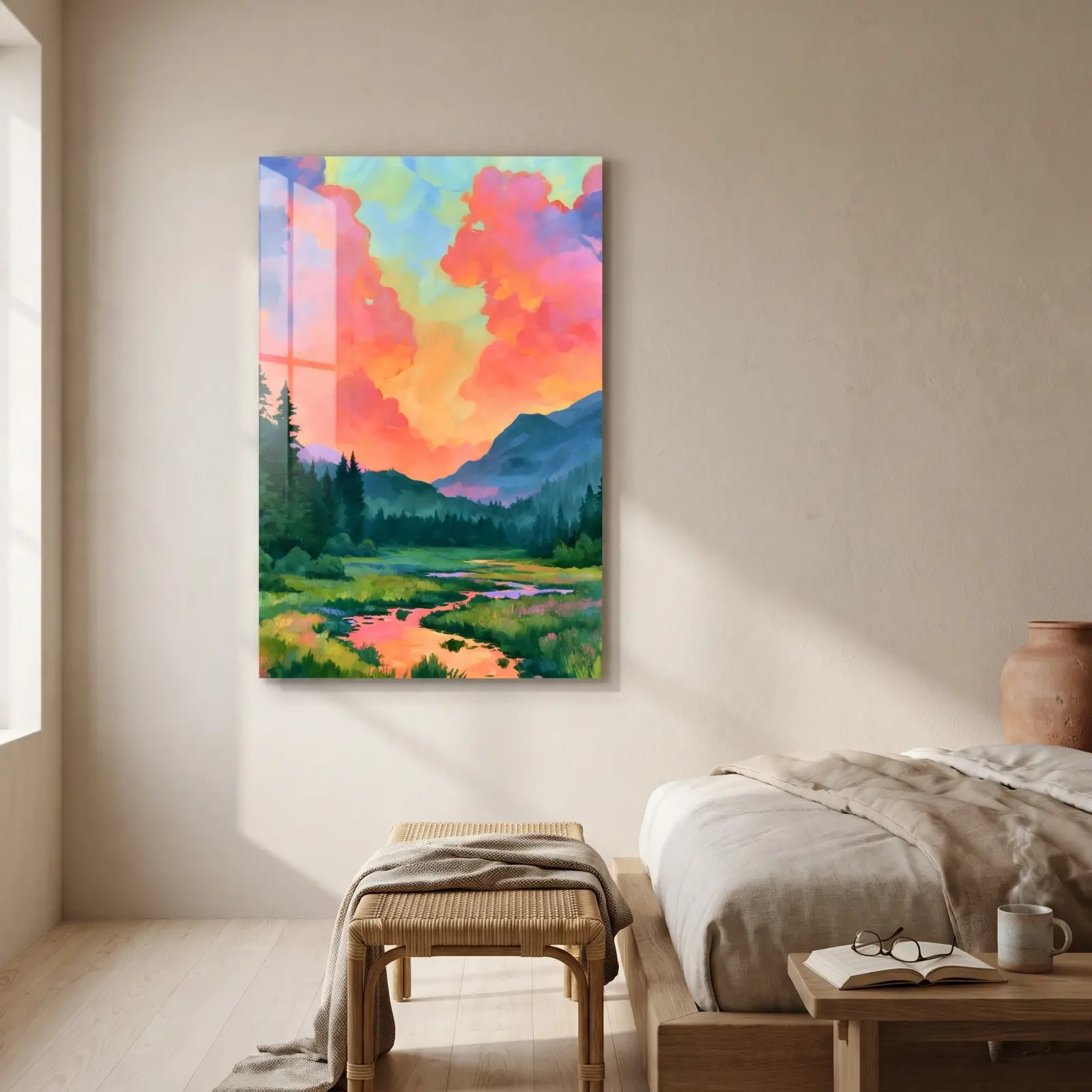 Mountain Sunset Landscape Painterly Alpine Valley | Glass Wall Art