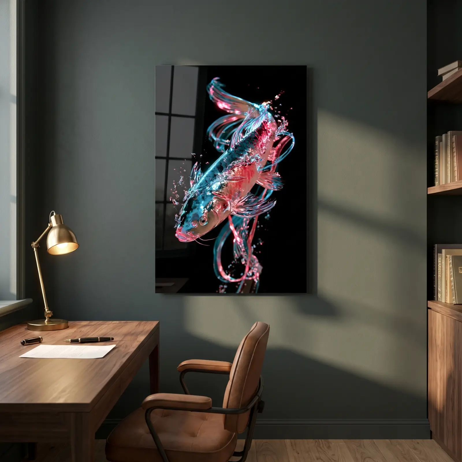 Neon Koi Fish Wall Art Iridescent Aquatic Decor | Glass Wall Art