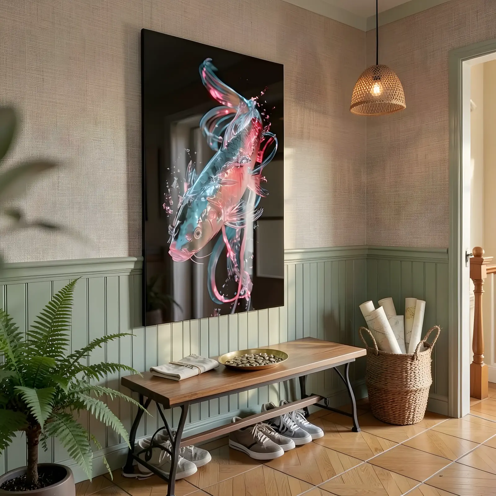 Neon Koi Fish Wall Art Iridescent Aquatic Decor | Glass Wall Art — 7