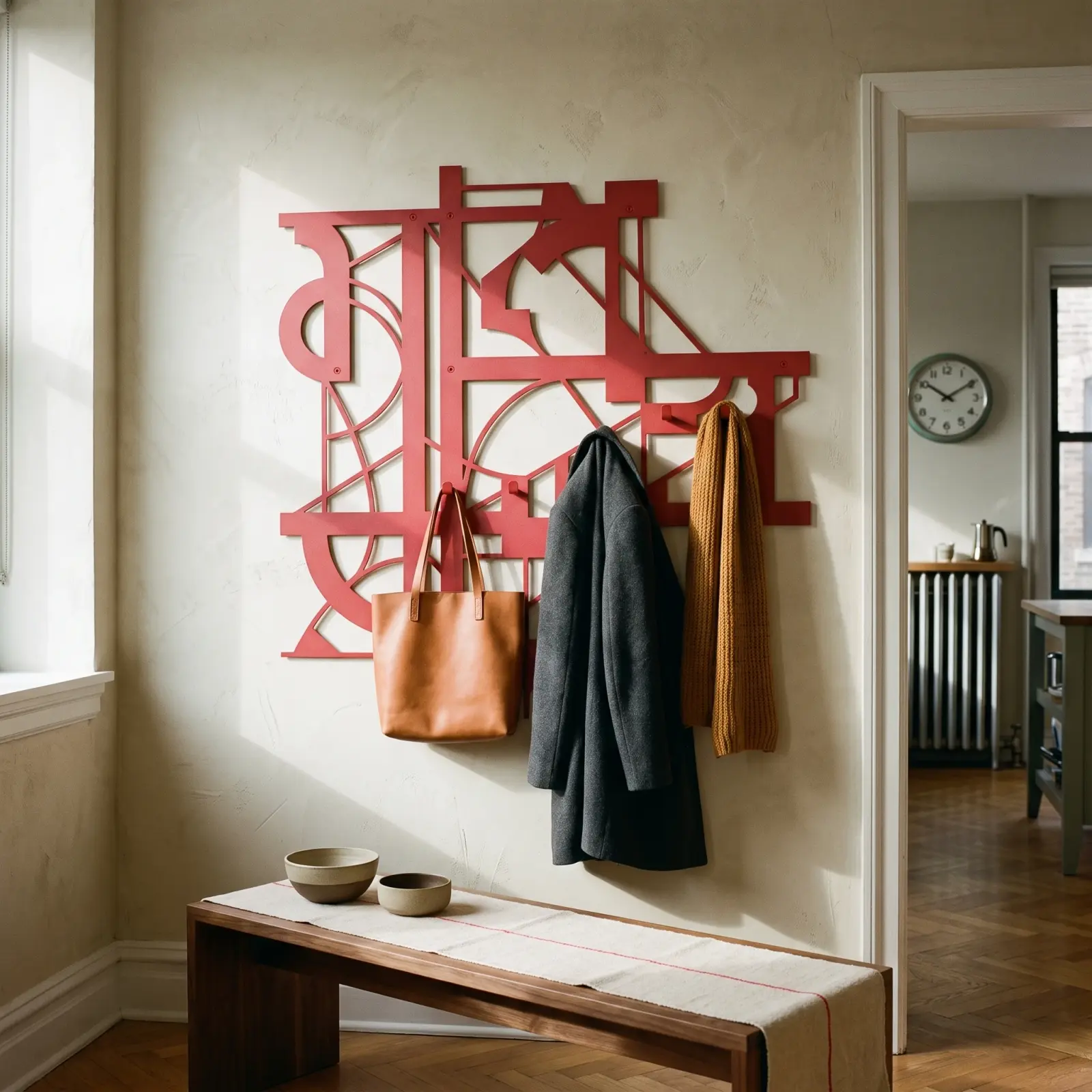 Bauhaus Metal Coat Rack Wall Art – Type Grid, Entryway and Hallway Decor