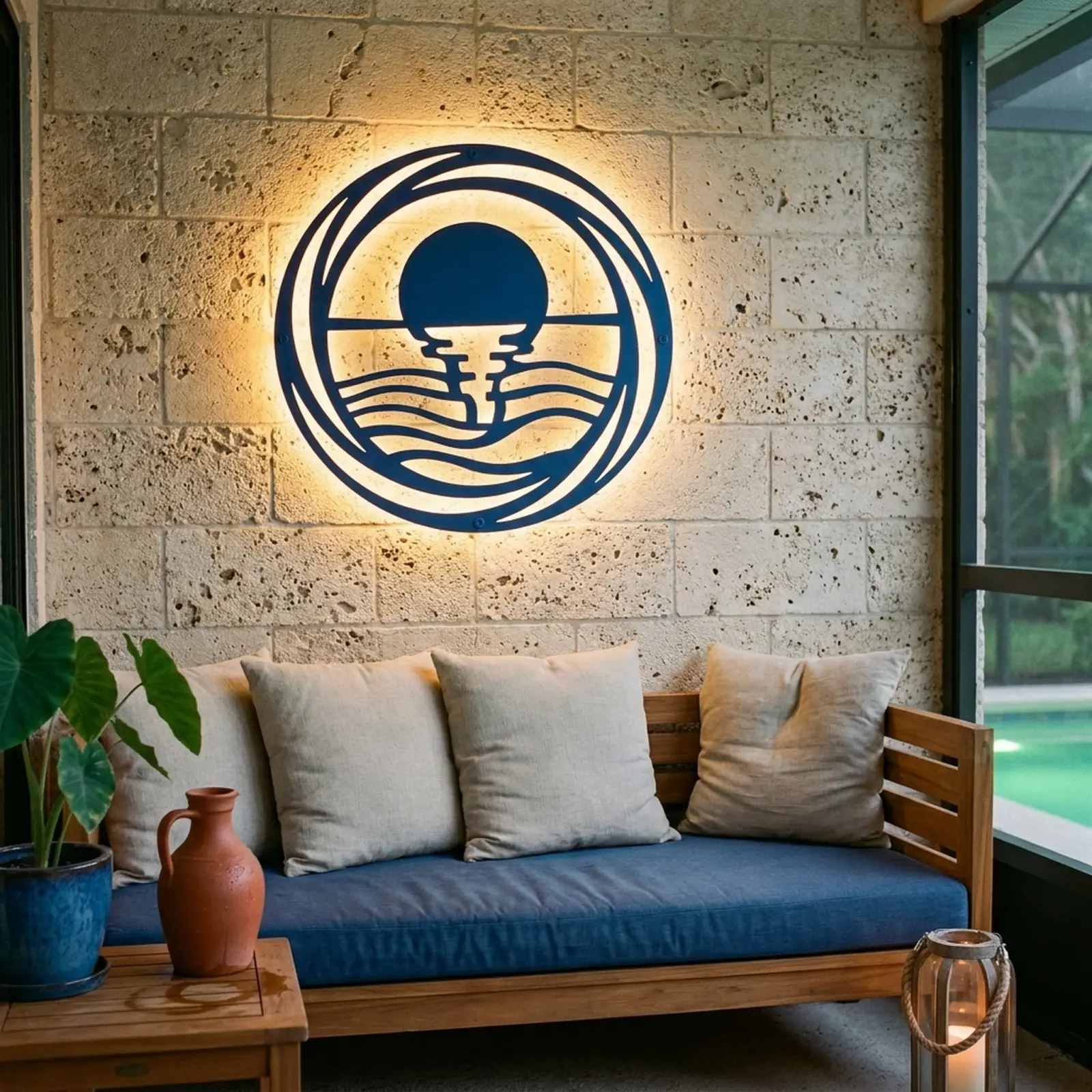 Outdoor Metal Wall Art LED Backlit Sunrise – Harbor Dawn, Patio Garden Decor