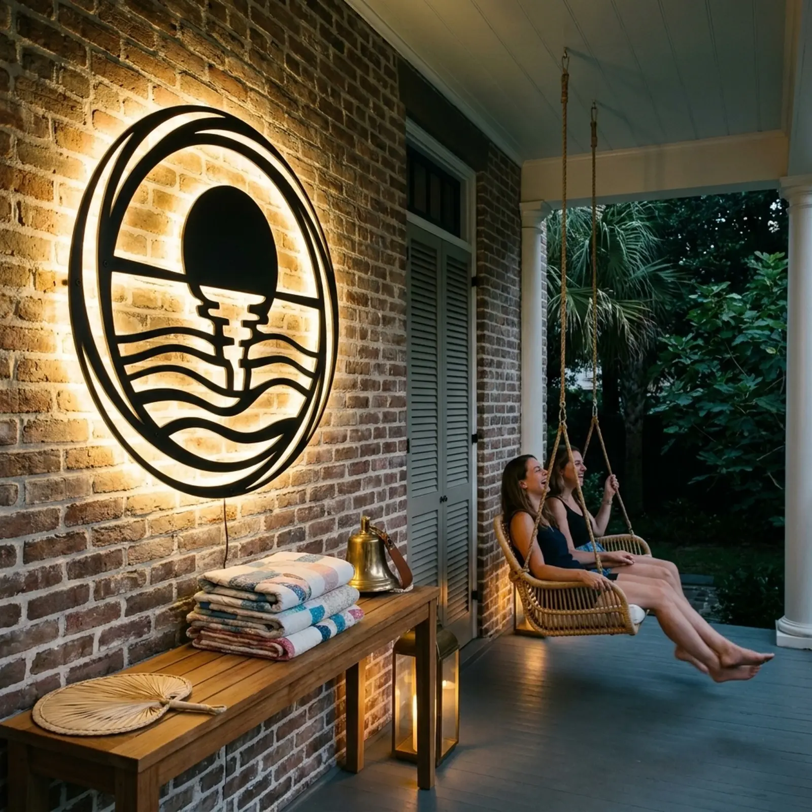 Outdoor Metal Wall Art LED Backlit Sunrise – Harbor Dawn, Patio Garden Decor — 2