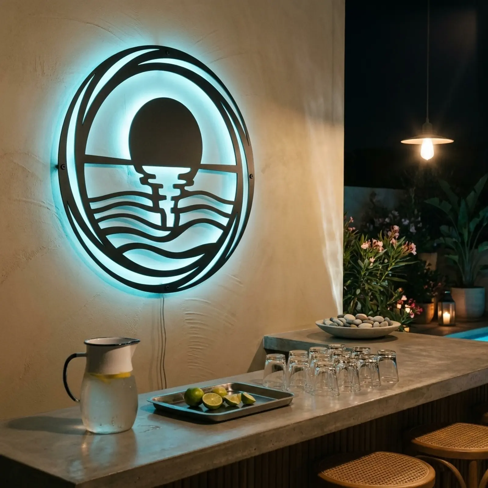 Outdoor Metal Wall Art LED Backlit Sunrise – Harbor Dawn, Patio Garden Decor — 3
