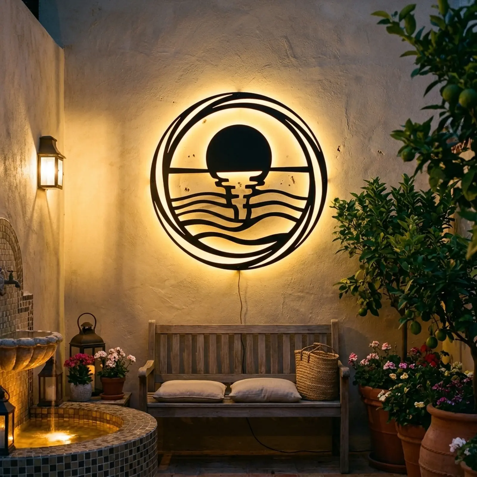 Outdoor Metal Wall Art LED Backlit Sunrise – Harbor Dawn, Patio Garden Decor — 4