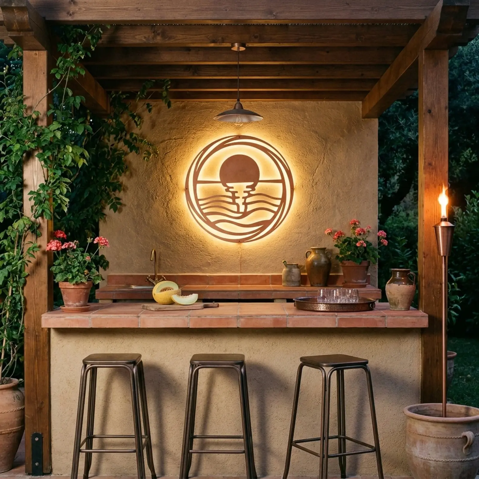 Outdoor Metal Wall Art LED Backlit Sunrise – Harbor Dawn, Patio Garden Decor — 6