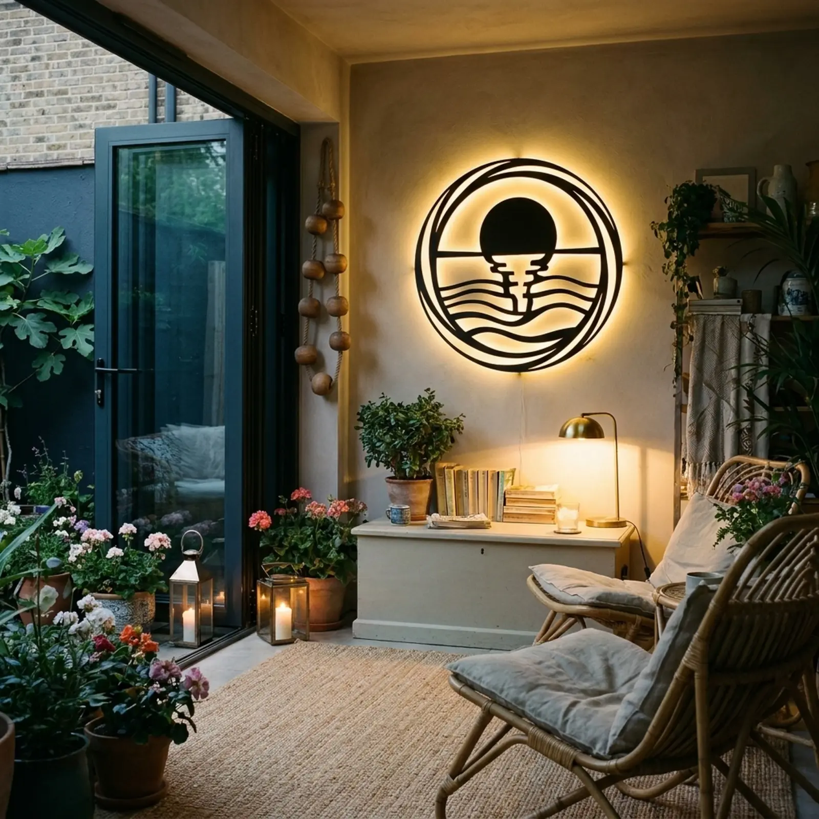Outdoor Metal Wall Art LED Backlit Sunrise – Harbor Dawn, Patio Garden Decor — 8
