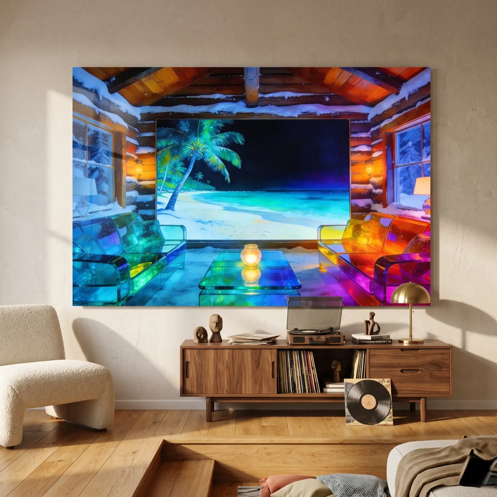 Tropical Beach Glass Wall Art Moonlit Palm Shoreline Tempered Glass Print