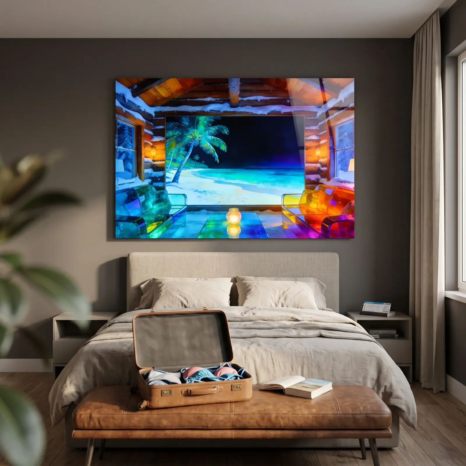 Tropical Beach Glass Wall Art Moonlit Palm Shoreline Tempered Glass Print — 2