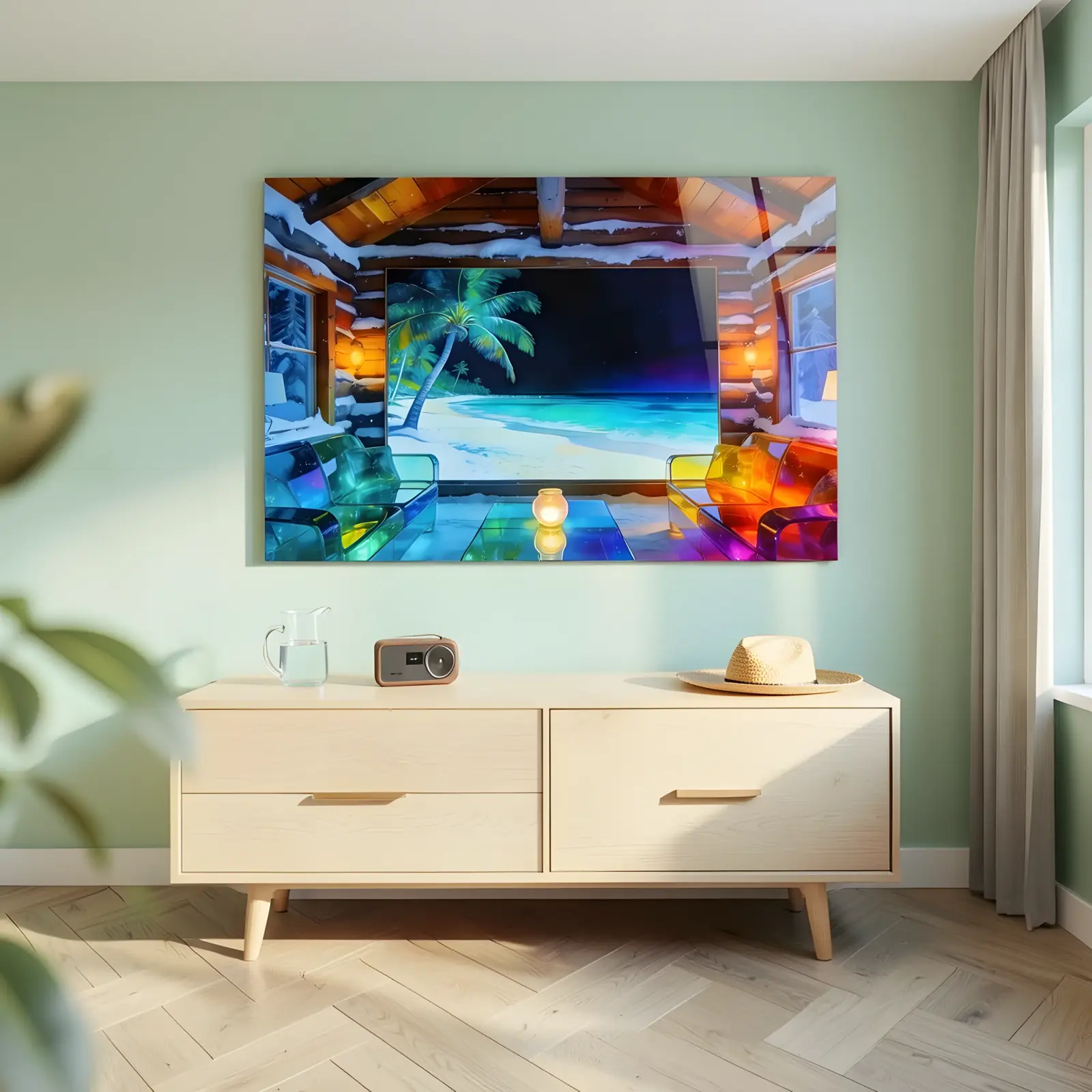 Tropical Beach Glass Wall Art Moonlit Palm Shoreline Tempered Glass Print — 6