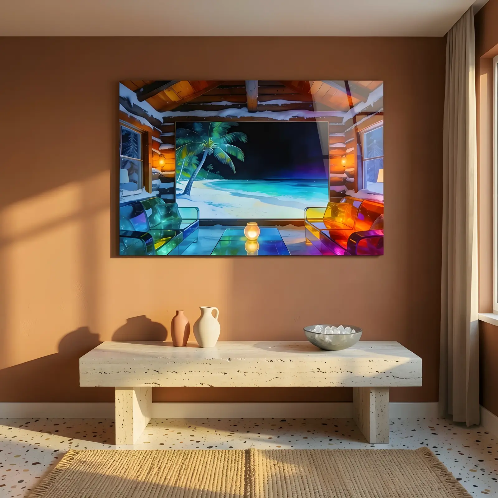 Tropical Beach Glass Wall Art Moonlit Palm Shoreline Tempered Glass Print — 7