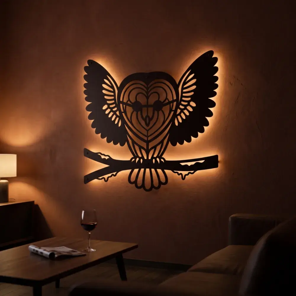 Owl Metal Wall Art with LED Backlight – Silent Nocturne, Living Room Statement Decor