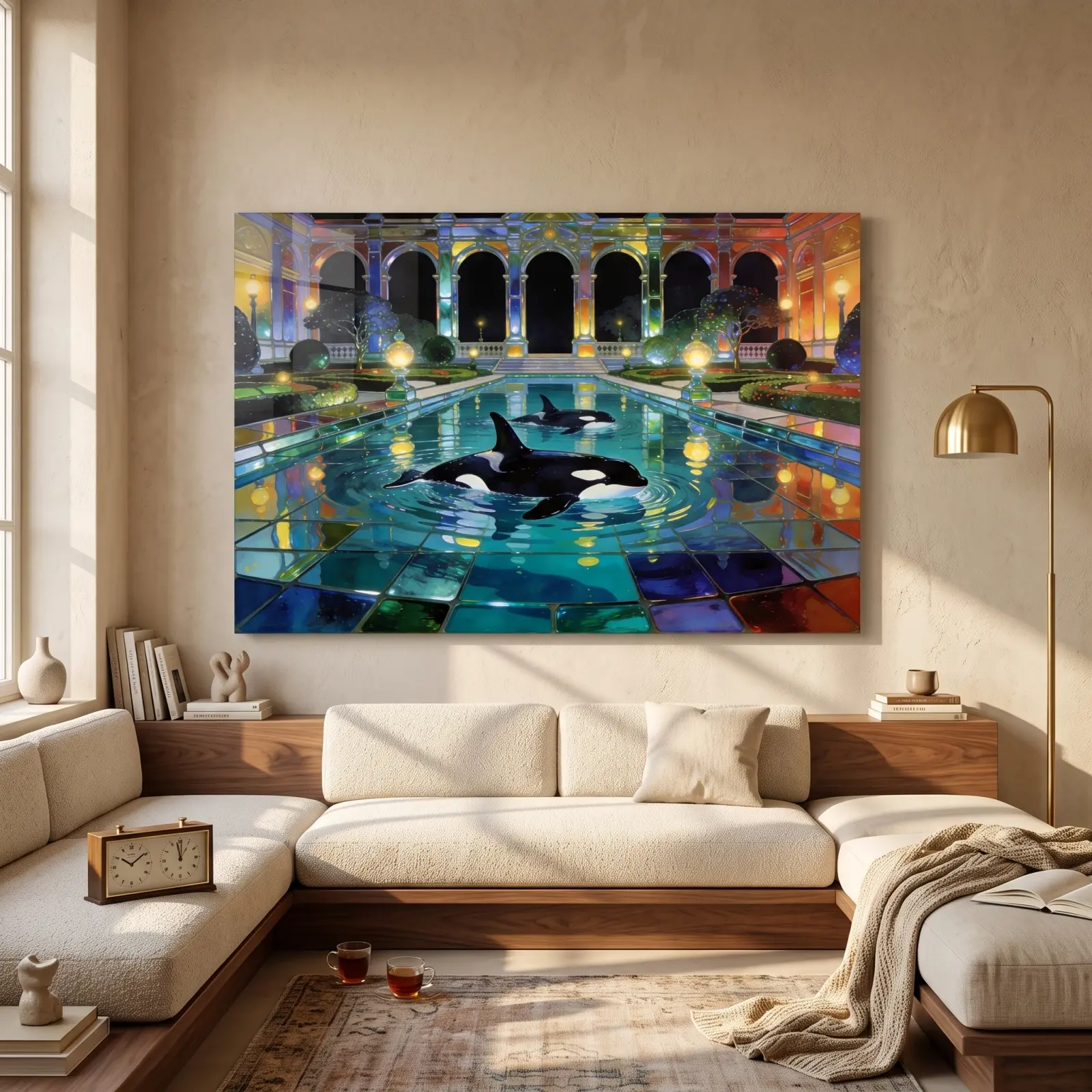 Orca Stained Glass Palace Pool Night Scene | Glass Wall Art