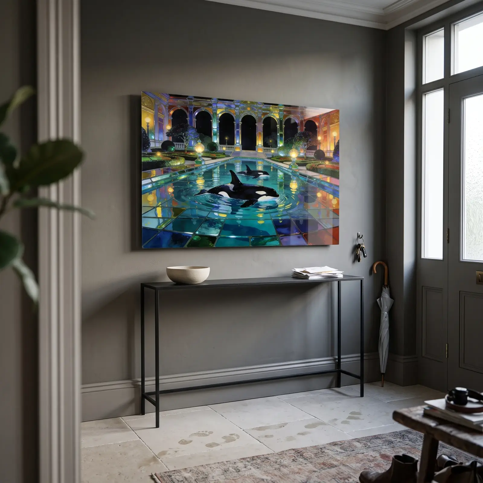 Orca Stained Glass Palace Pool Night Scene | Glass Wall Art — 2