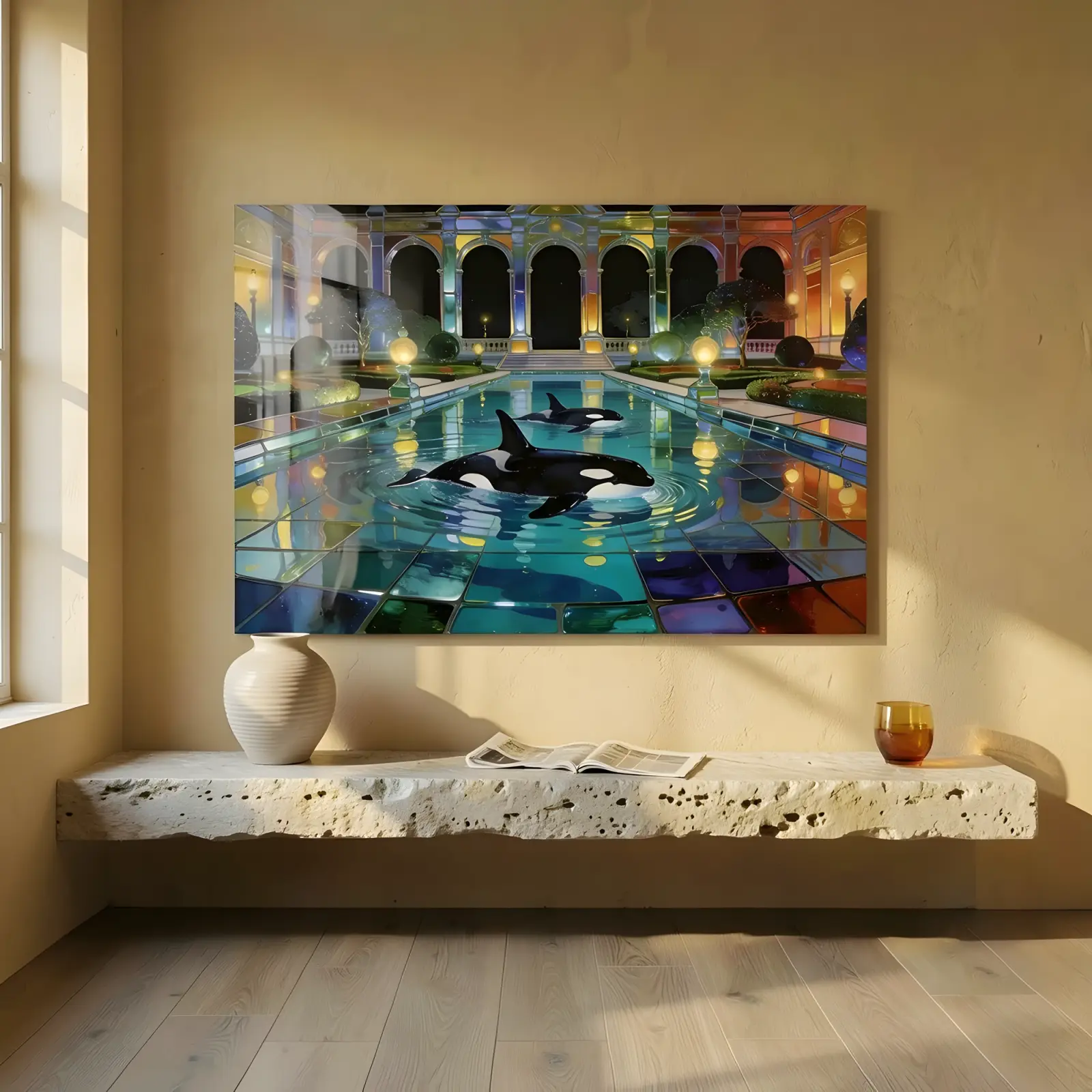 Orca Stained Glass Palace Pool Night Scene | Glass Wall Art — 4