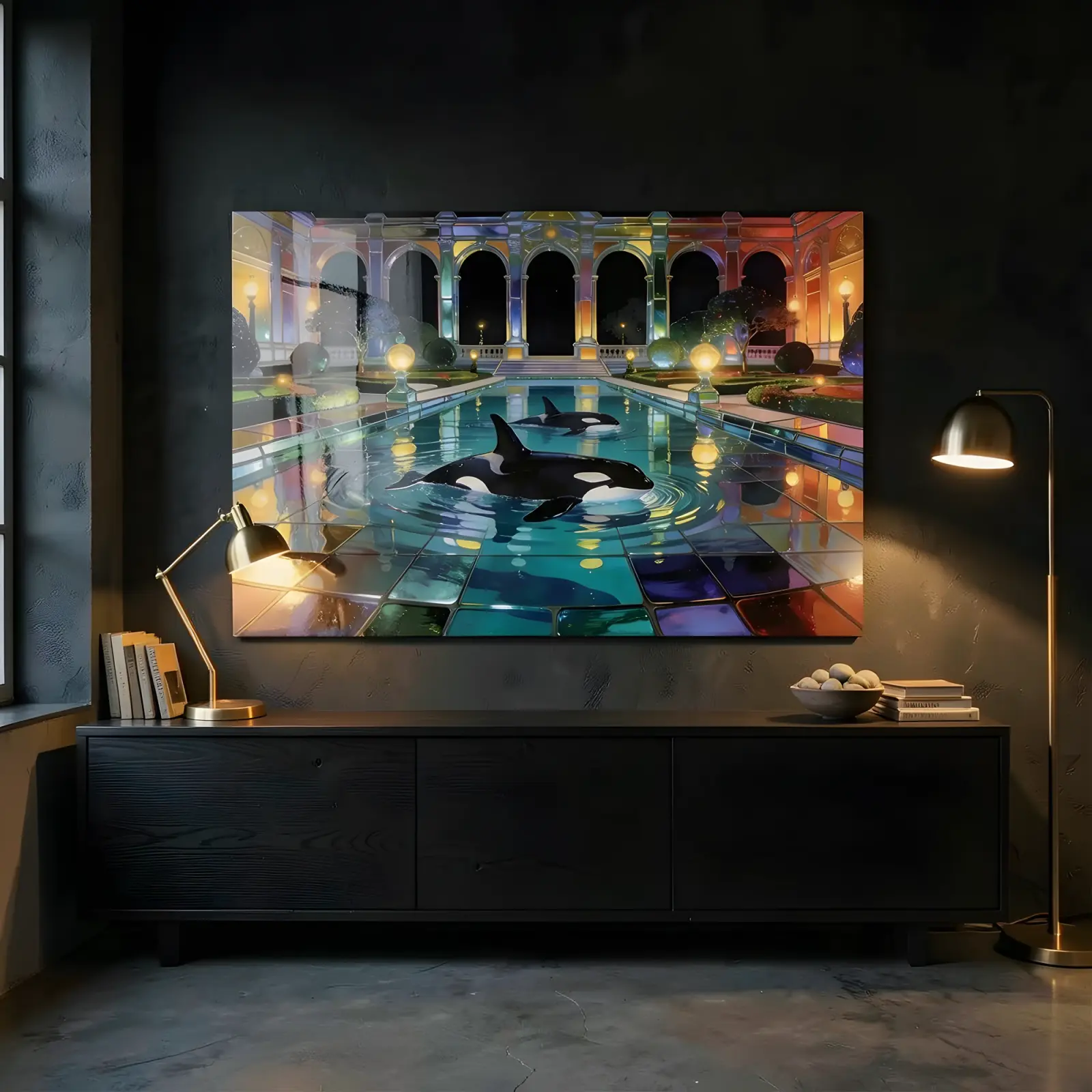 Orca Stained Glass Palace Pool Night Scene | Glass Wall Art — 5