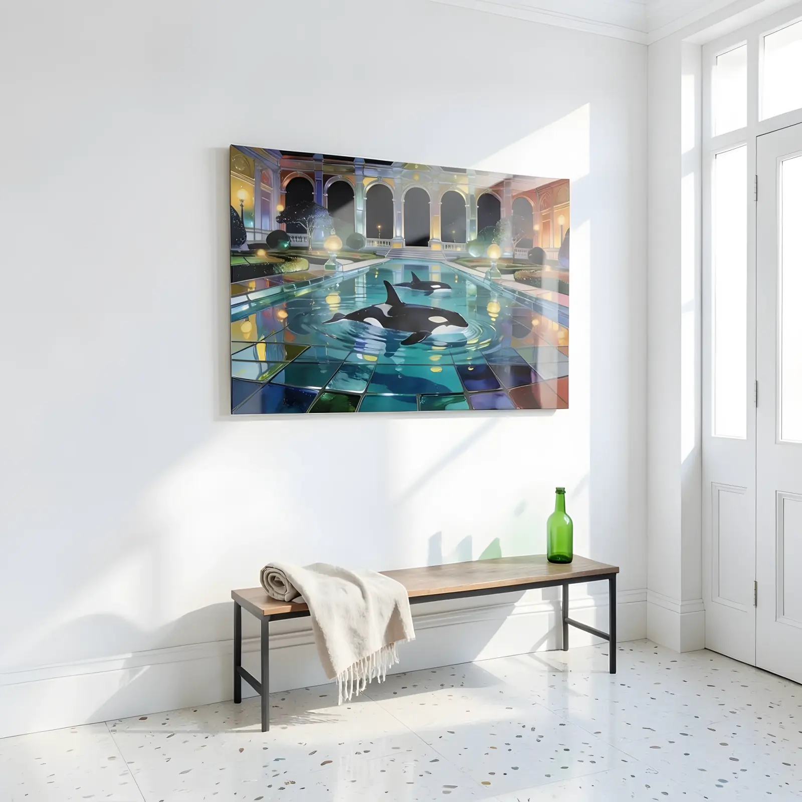 Orca Stained Glass Palace Pool Night Scene | Glass Wall Art — 6