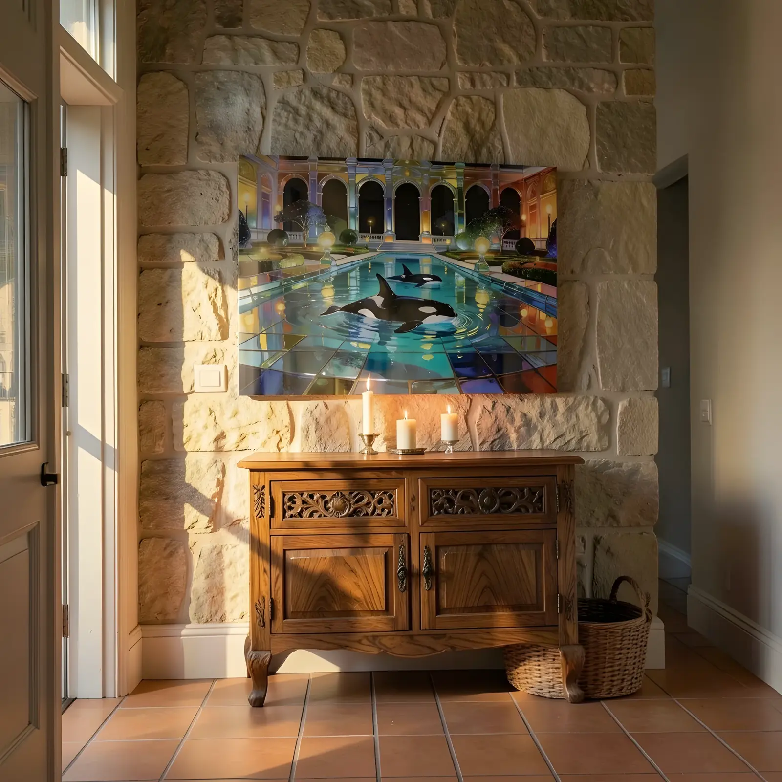 Orca Stained Glass Palace Pool Night Scene | Glass Wall Art — 7