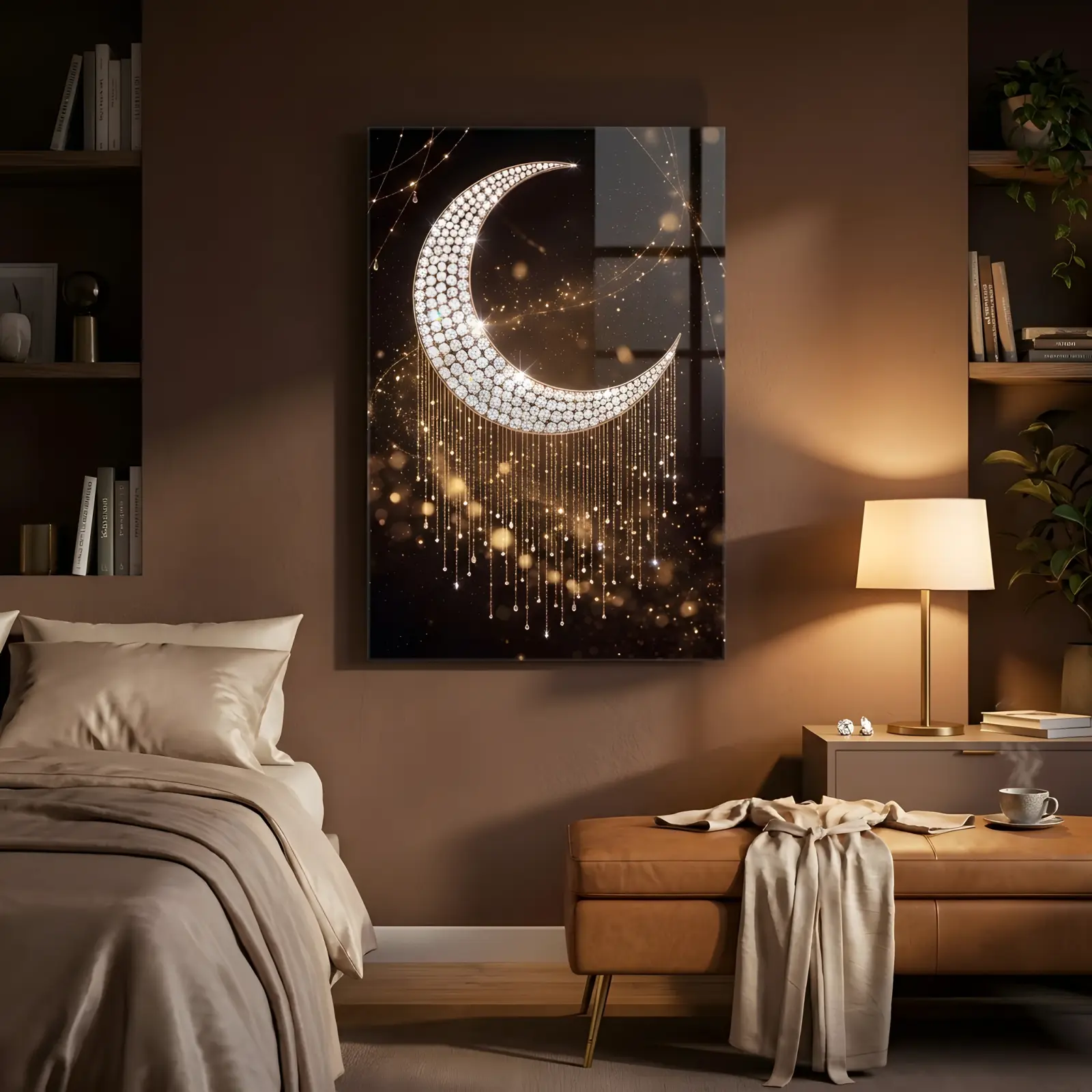 Jeweled Crescent Moon Celestial Night | Glass Wall Art