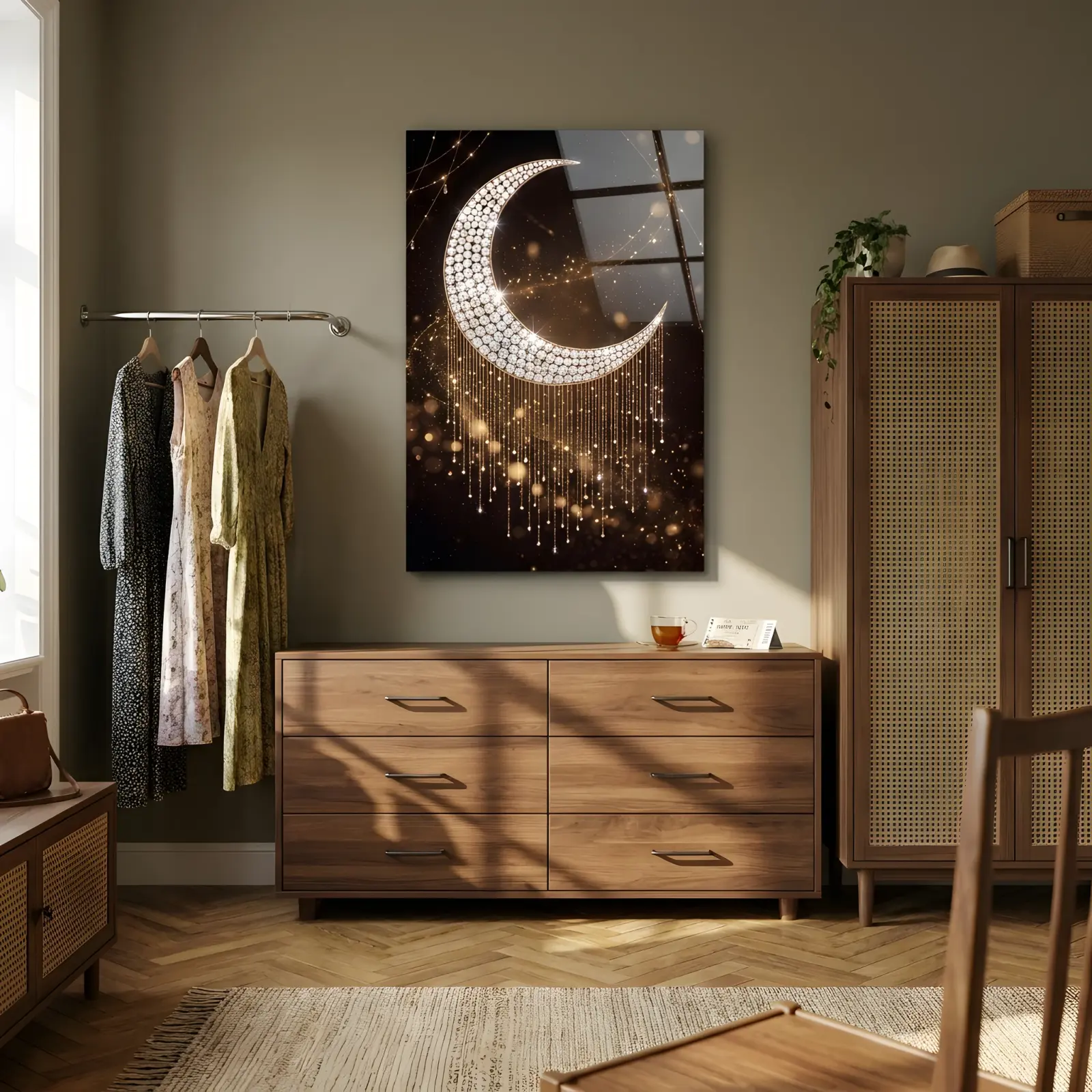 Jeweled Crescent Moon Celestial Night | Glass Wall Art — 2