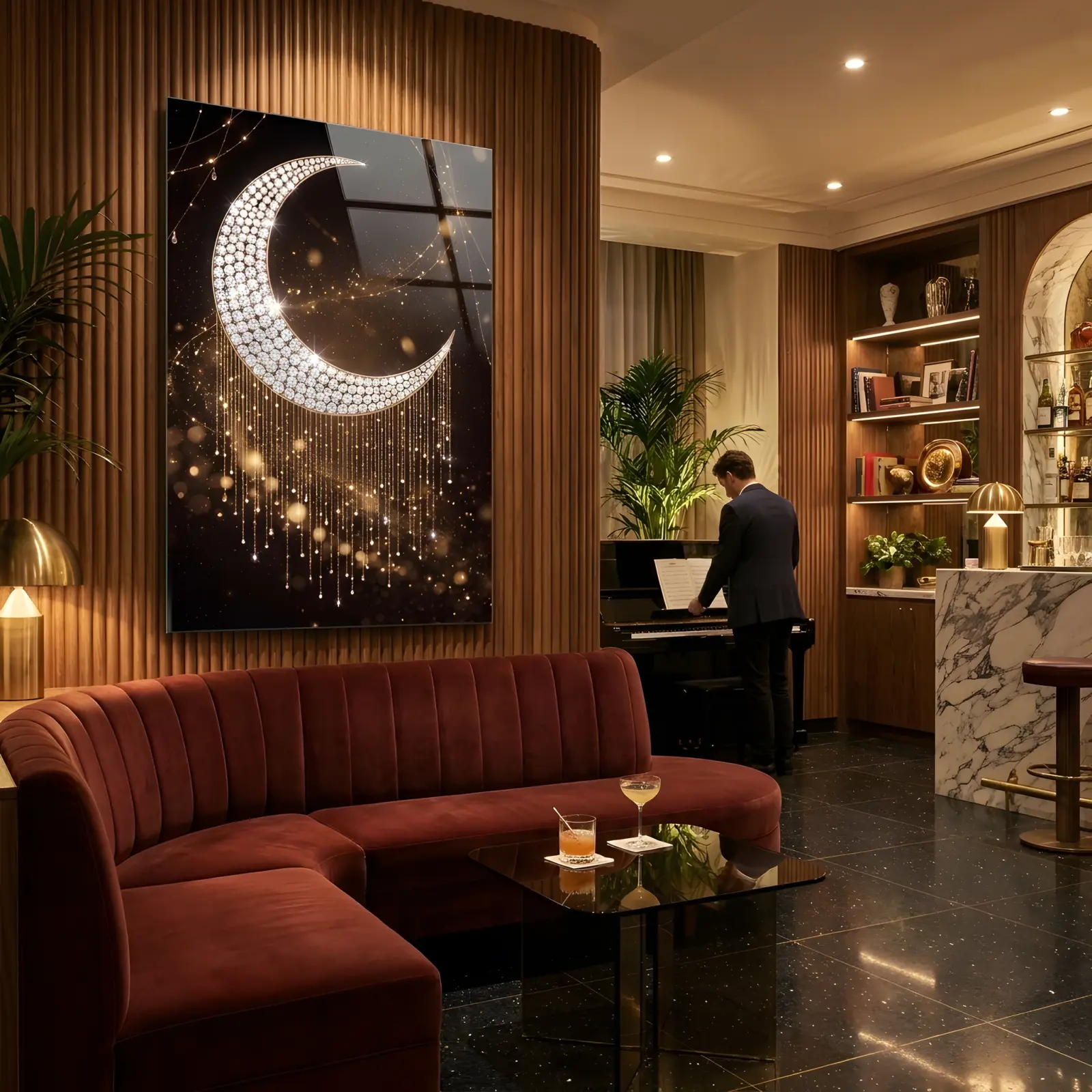 Jeweled Crescent Moon Celestial Night | Glass Wall Art — 3