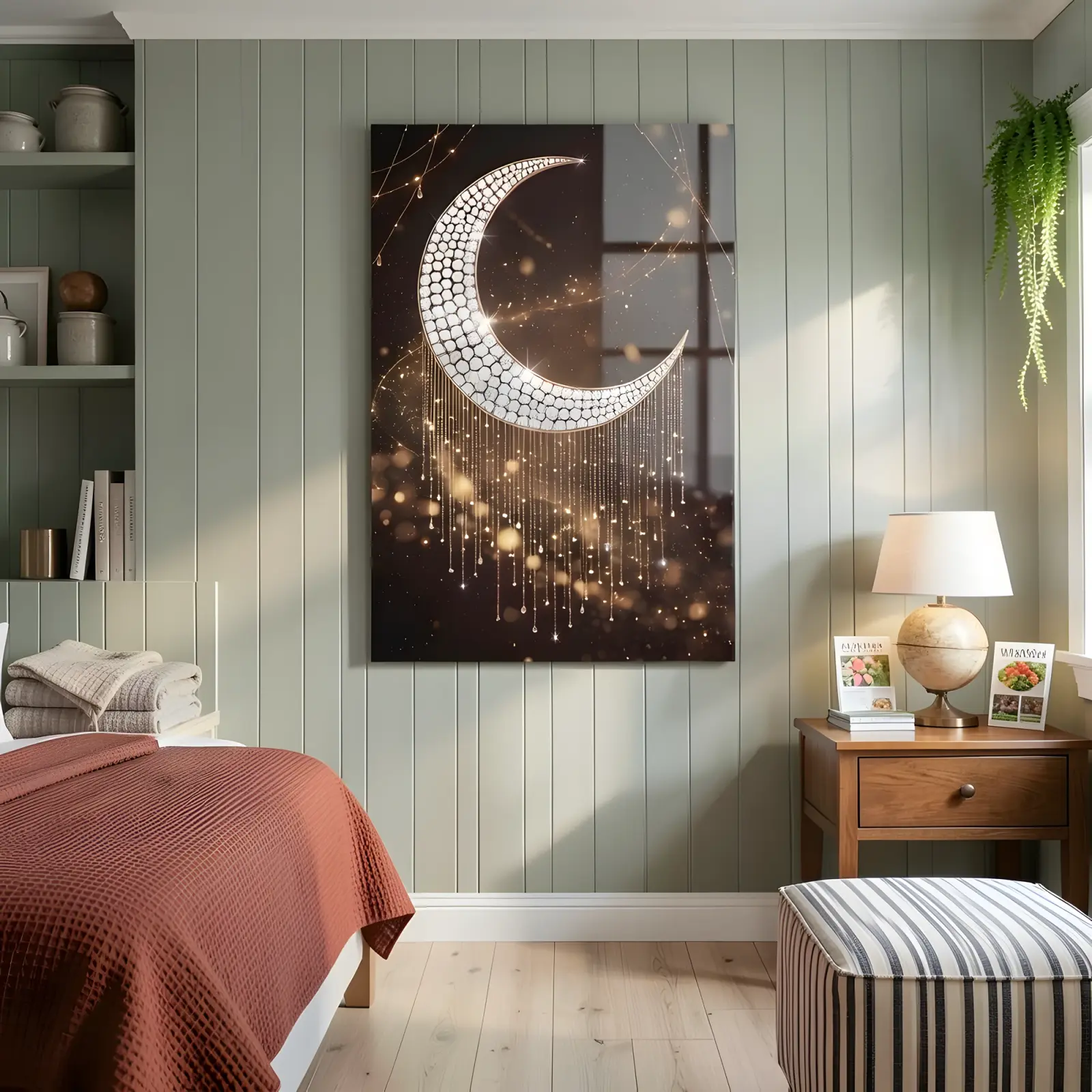 Jeweled Crescent Moon Celestial Night | Glass Wall Art — 4