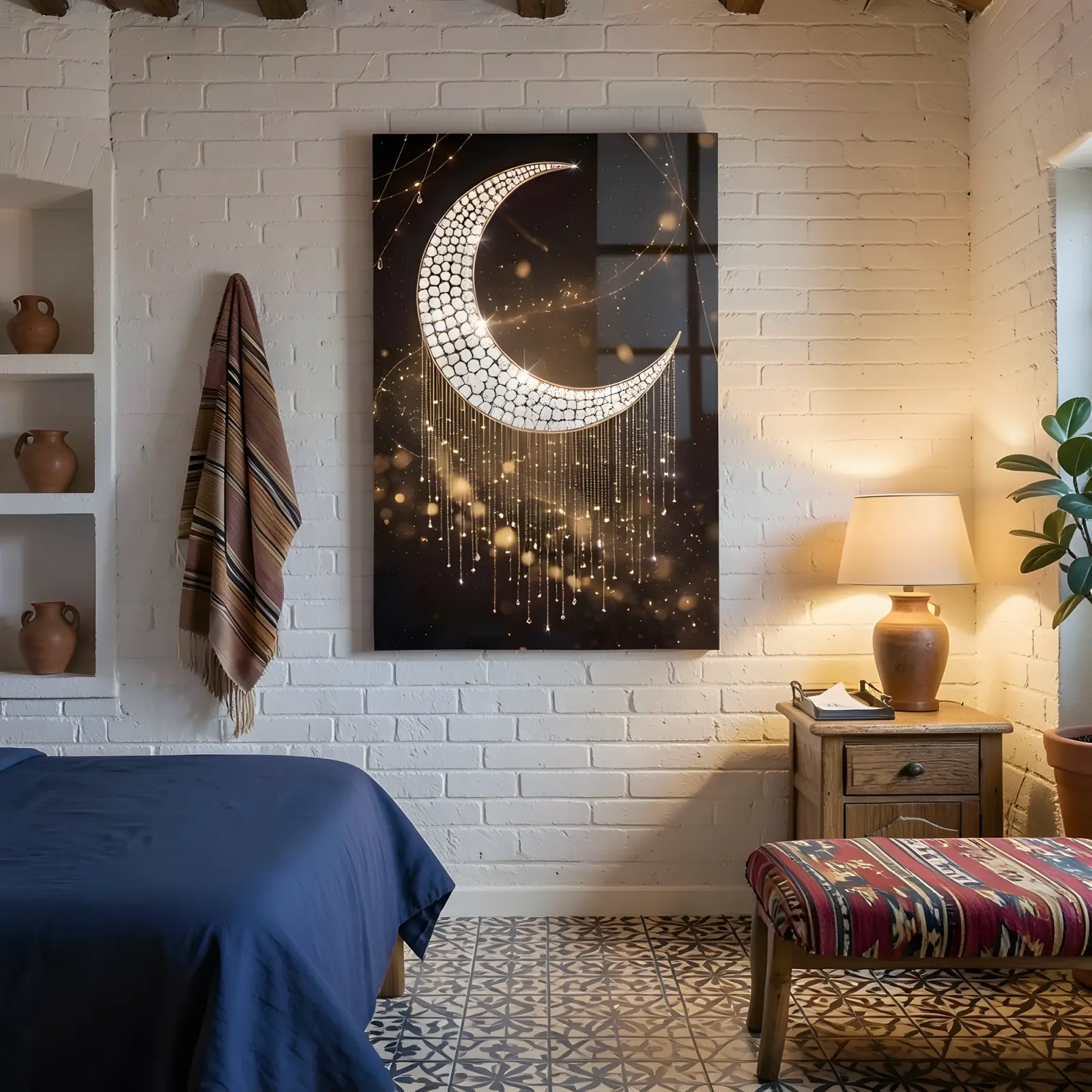 Jeweled Crescent Moon Celestial Night | Glass Wall Art — 5
